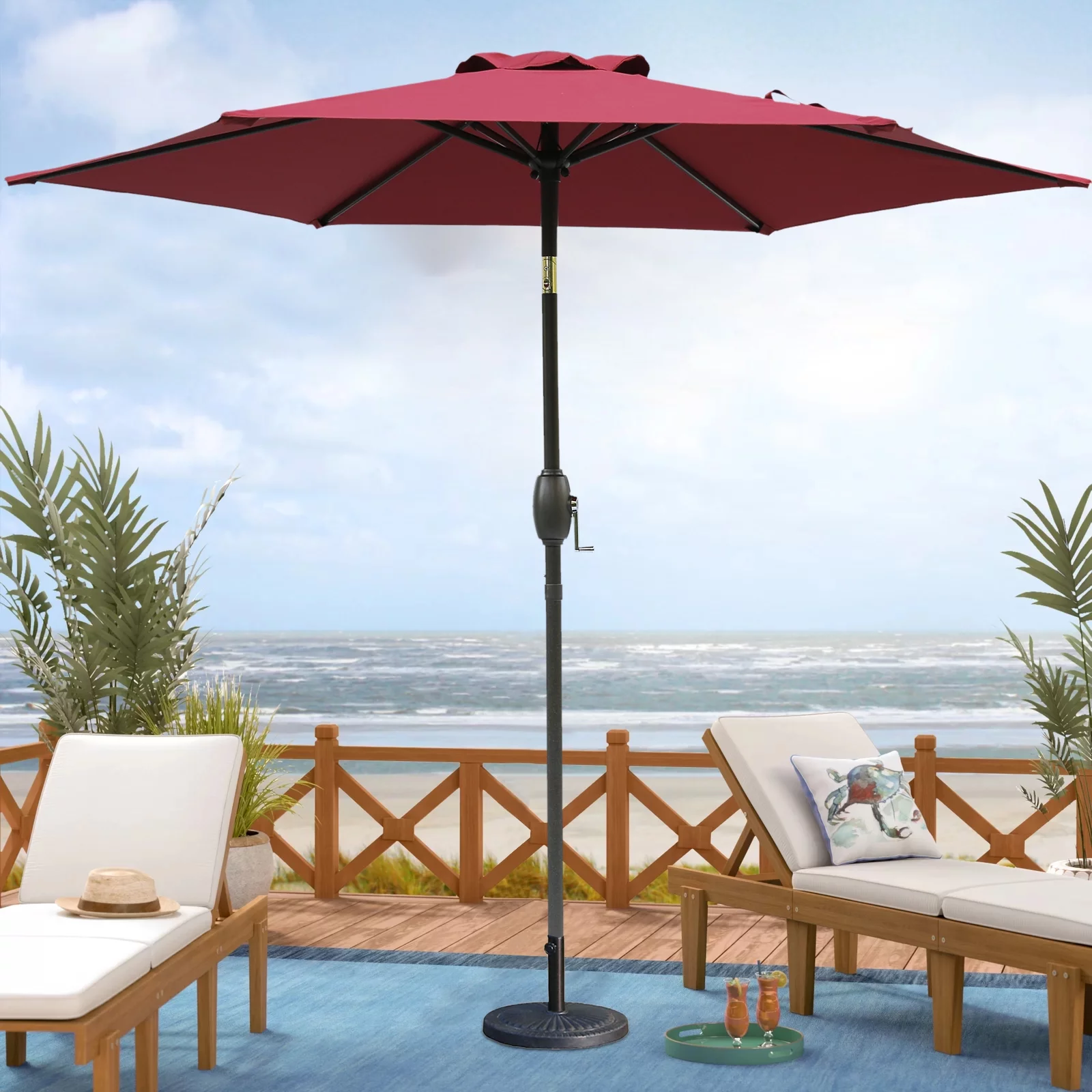 Cozyhom 7.5 Ft Outdoor Patio Umbrella With Tilt And Crank Waterproof Market Umbrella 6 Ribs For Deck Lawn Pool& Backyard, Burgundy
