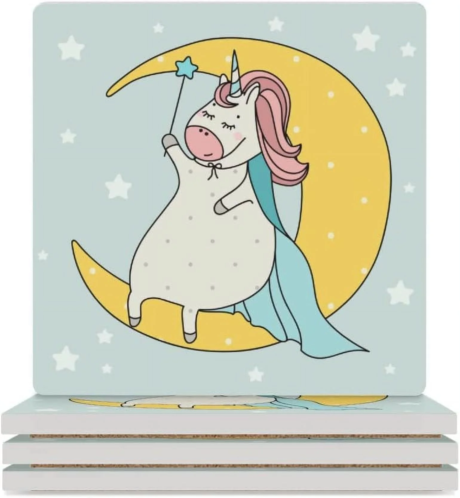 Hidove Square Drink Coasters 1 Pcs Cute Wizard Unicorn Sitting on The Moon Absorbent Ceramic Coffee Coasters for Drinks with Cork Base Housewarming Gift for Home Decor