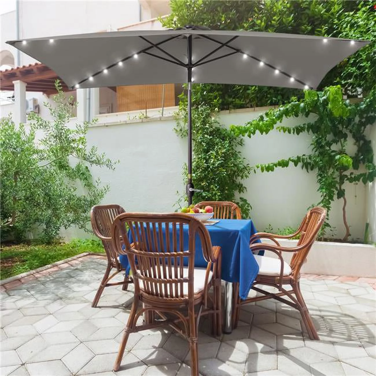 SANLUCE  10 ft. x 6.5 ft. Rectangle Solar LED Outdoor Patio Market Table Umbrella with Push Button Tilt and Crank in Gray