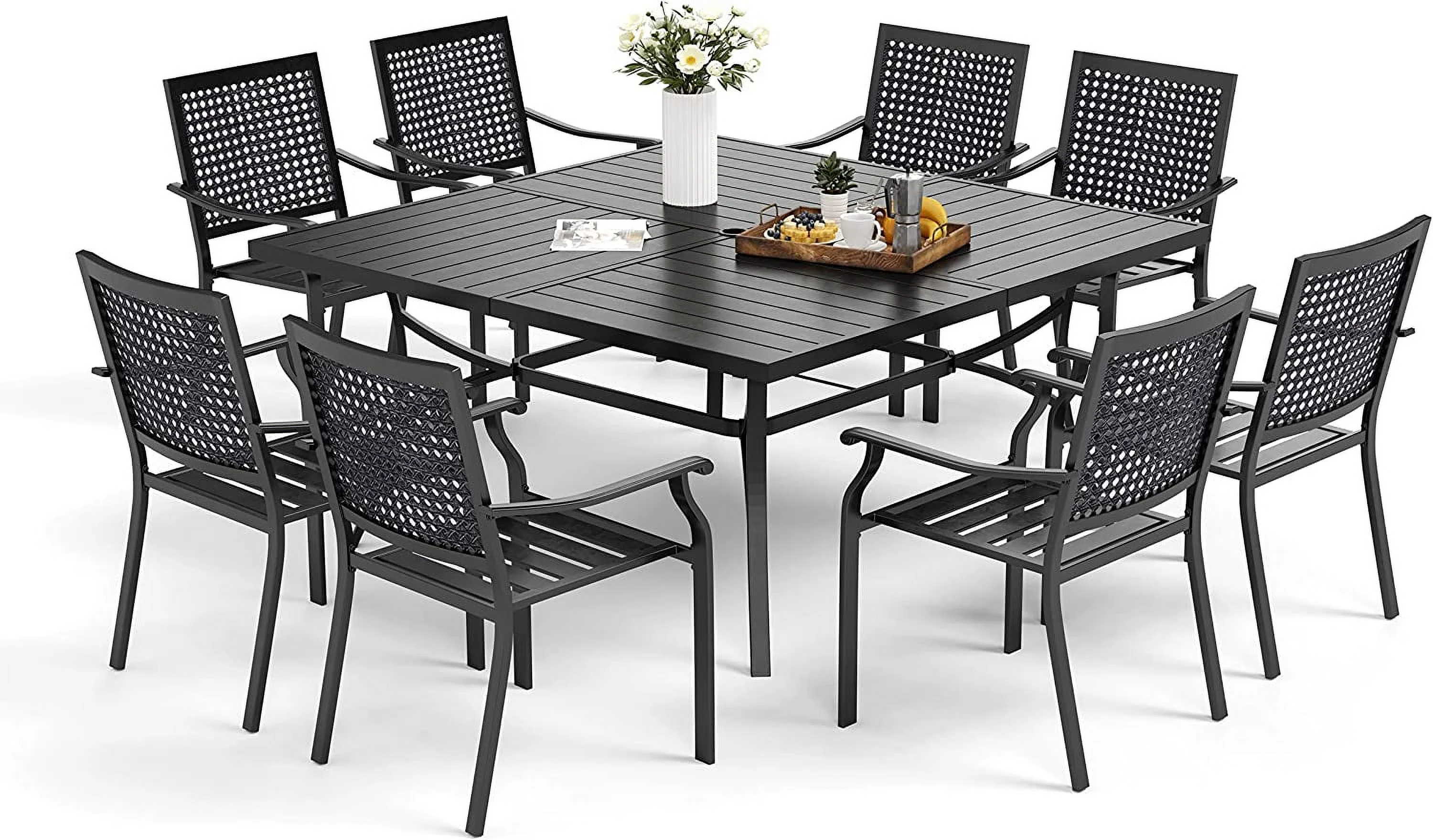 9 PCS Outdoor Patio Dining Set  8 Metal Chairs and 1 Square Dining Table with 1.57" Umbrella Hole Furniture Sets for Lawn Backyard Garden