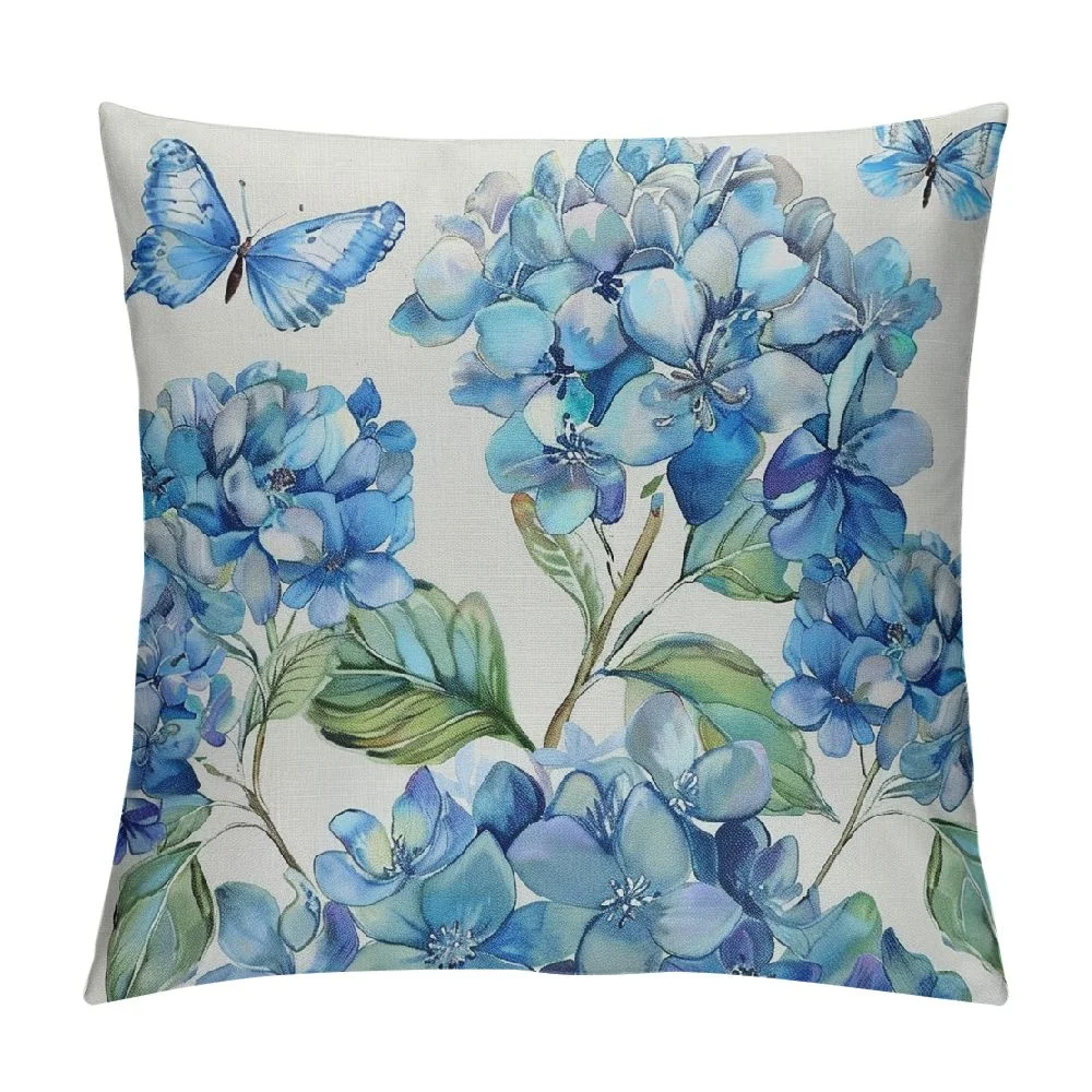 Nawypu Farm Outdoor Pillow Covers Set of Blue Hydrangea Flower Butterfly Decorative Waterproof Throw Pillow Case Watercolor Floral Vintage  Soft Cozy Cushion Pillowcases