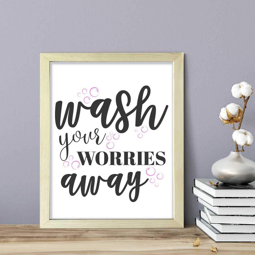 Wash Your Worries Away (Pink Bubbles), Watercolor 11 x 14 UNFRAMED Print Home Décor, Bathroom Quote Wall Art