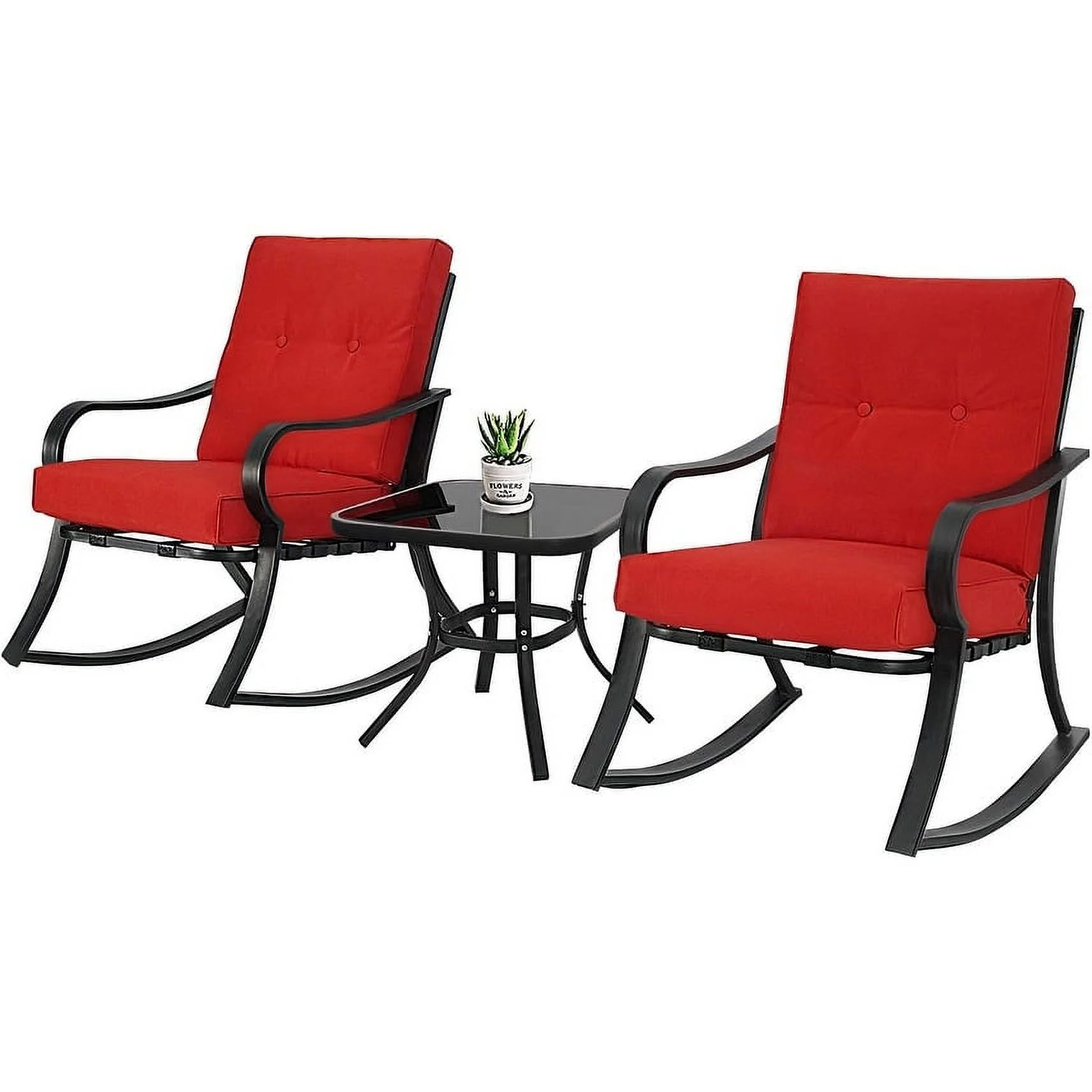 Patio 3 Piece Outdoor Rocking Chair Black Steel  Bistro Sets Red