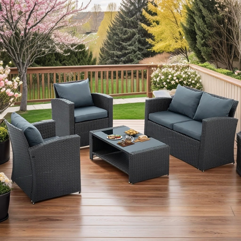 4 Pieces Patio Conversation Set, Outside Rattan Sectional Sofa, Outdoor Furniture Set with Light Grey Cushion, Wicker Sofa for Garden, Porch, Backyard, Grey