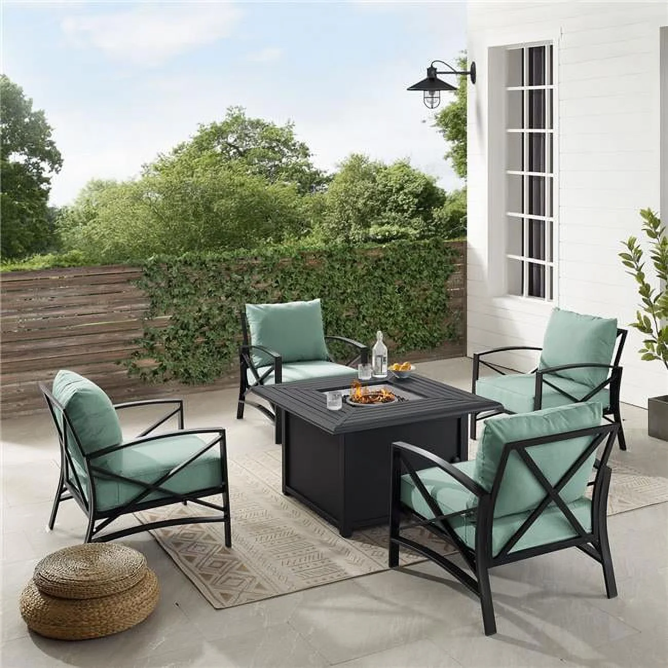 Outdoor Conversation Set with Fire Table, Mist & Oil Rubbed Bronze - Dante Fire Table & 4 Arm Chairs - 5 Piece