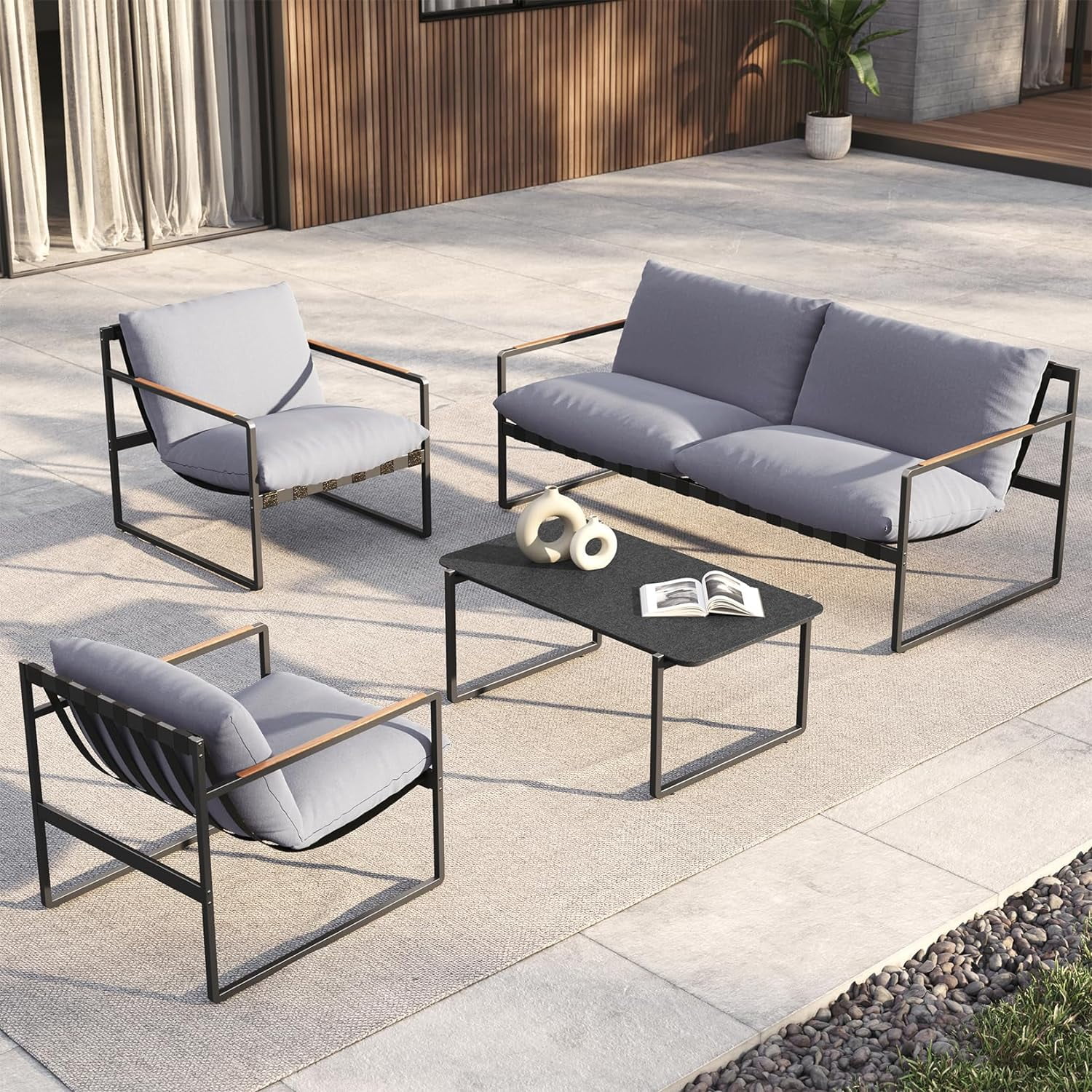 Dina 4-Piece Patio Furniture Set  Outdoor Patio Conversation Sofa Set with Cushion  Modern Metal Couch Loveseat Chairs and Coffee Table for Porch Deck Garden Balcony Backyard Living Room