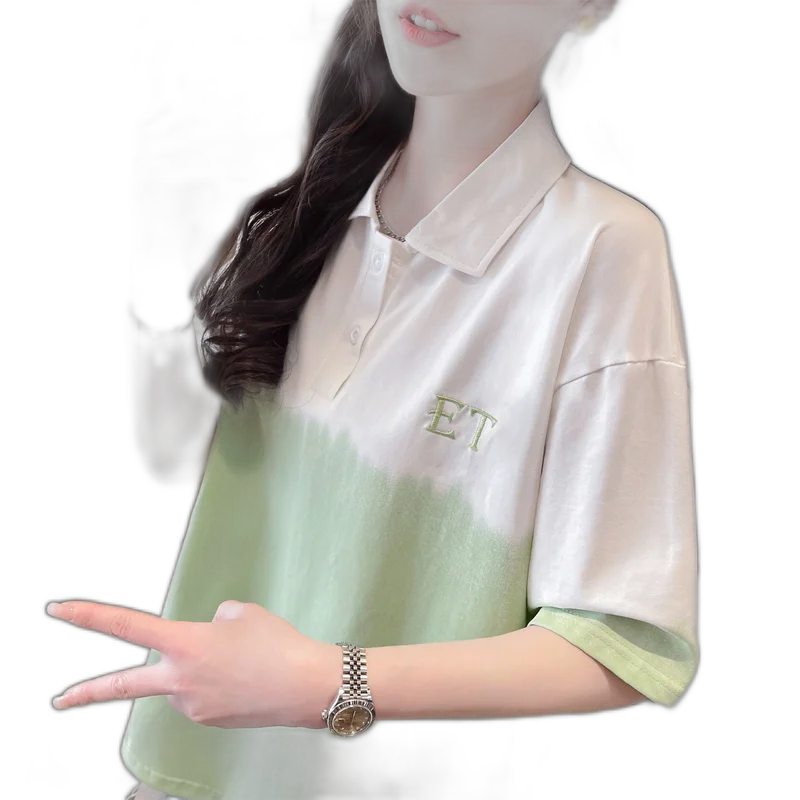 220 Grams 35 Cotton Medium And Long Summer Polo Gradient Printed Short -Sleeved T -Shirt Women