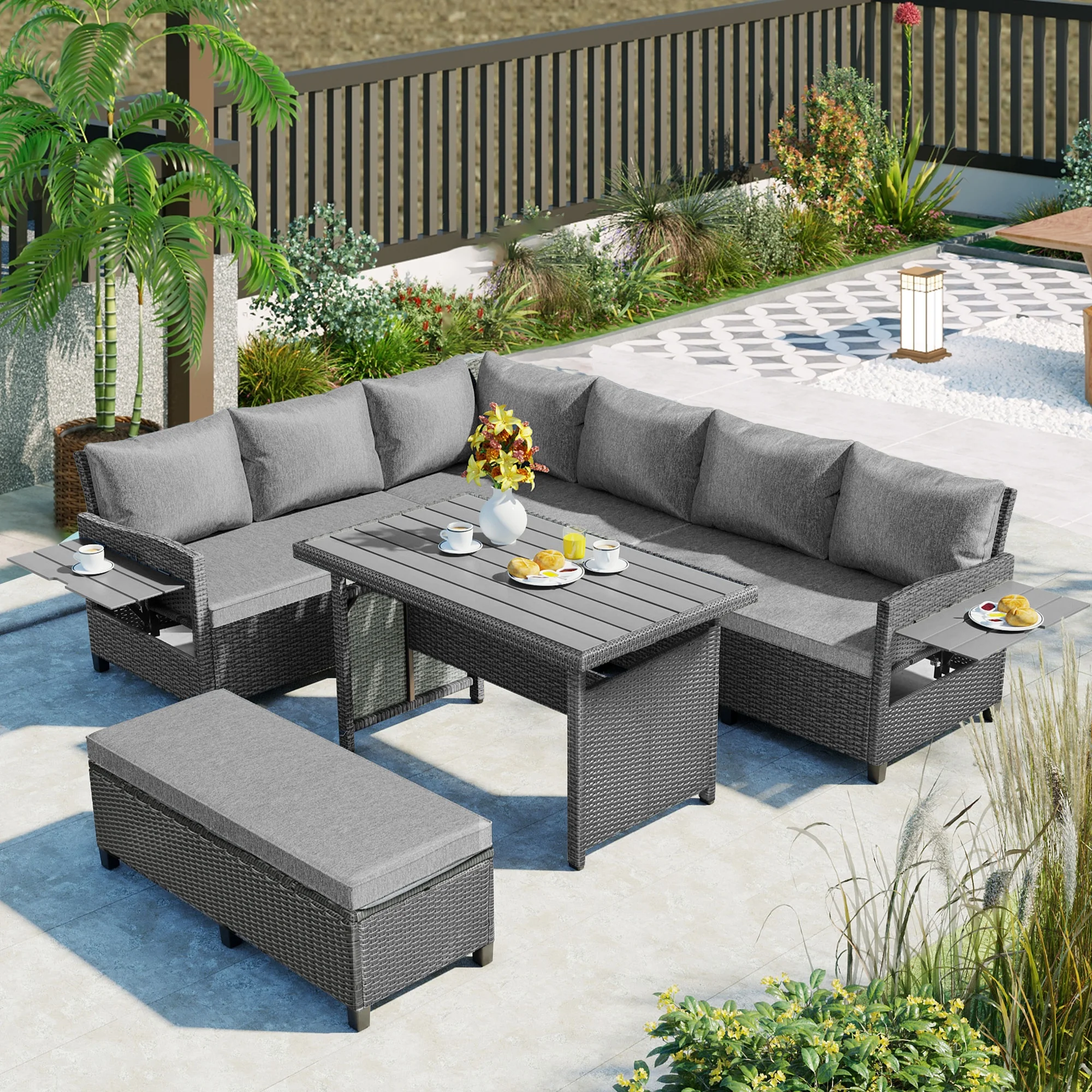 5-Piece Gray Rattan Patio Sofa Set with Extendable Side Tables and Dining Table for Backyard, Poolside, or Indoor Use