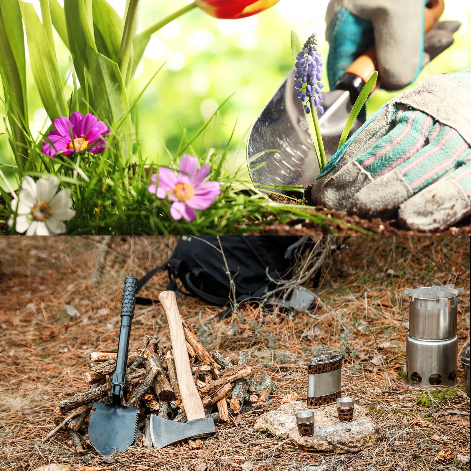 Uxcell 2pcs Multifunctional Camping Shovel 9 in 1 Multi-Purpose Backpacking Shovels with Carrying Bag, Black Khaki