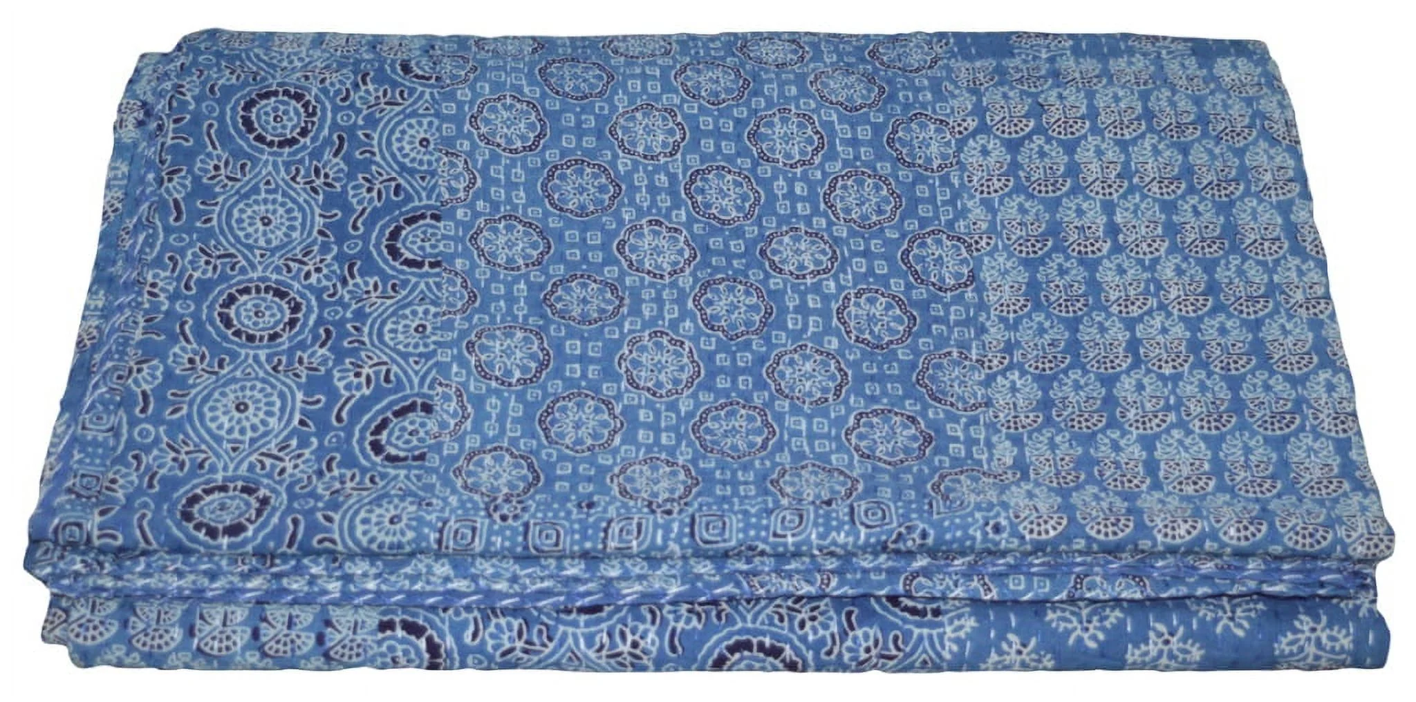 Indian Handmade Queen Cotton Kantha Quilt Throw Blanket Bedspread Patchwork Ajrakh Print Blue Color Hand Block Print Kantha Quilt