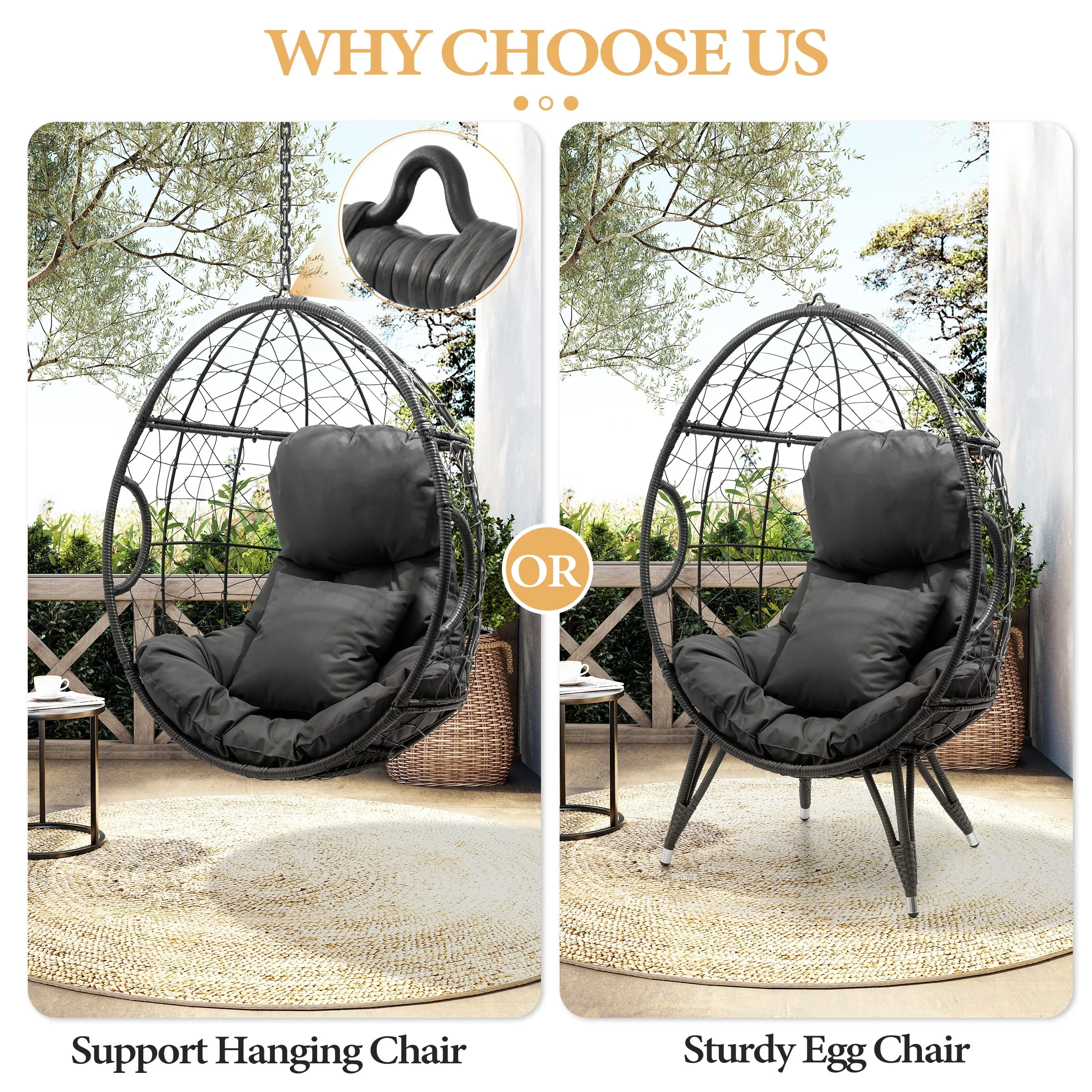 Crestlive Products Patio Wicker Egg Chair or PE Rattan Basket Swing Chair Hanging Chair with Cushion - 28'' D x 39'' W x 60'' H