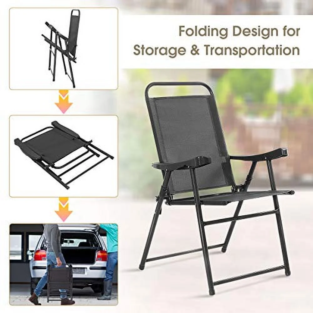 S AFSTAR Folding Sling Chairs, Patio Furniture Chair Set with Armrest for Lawn Garden (Dark Gray 4PCS)