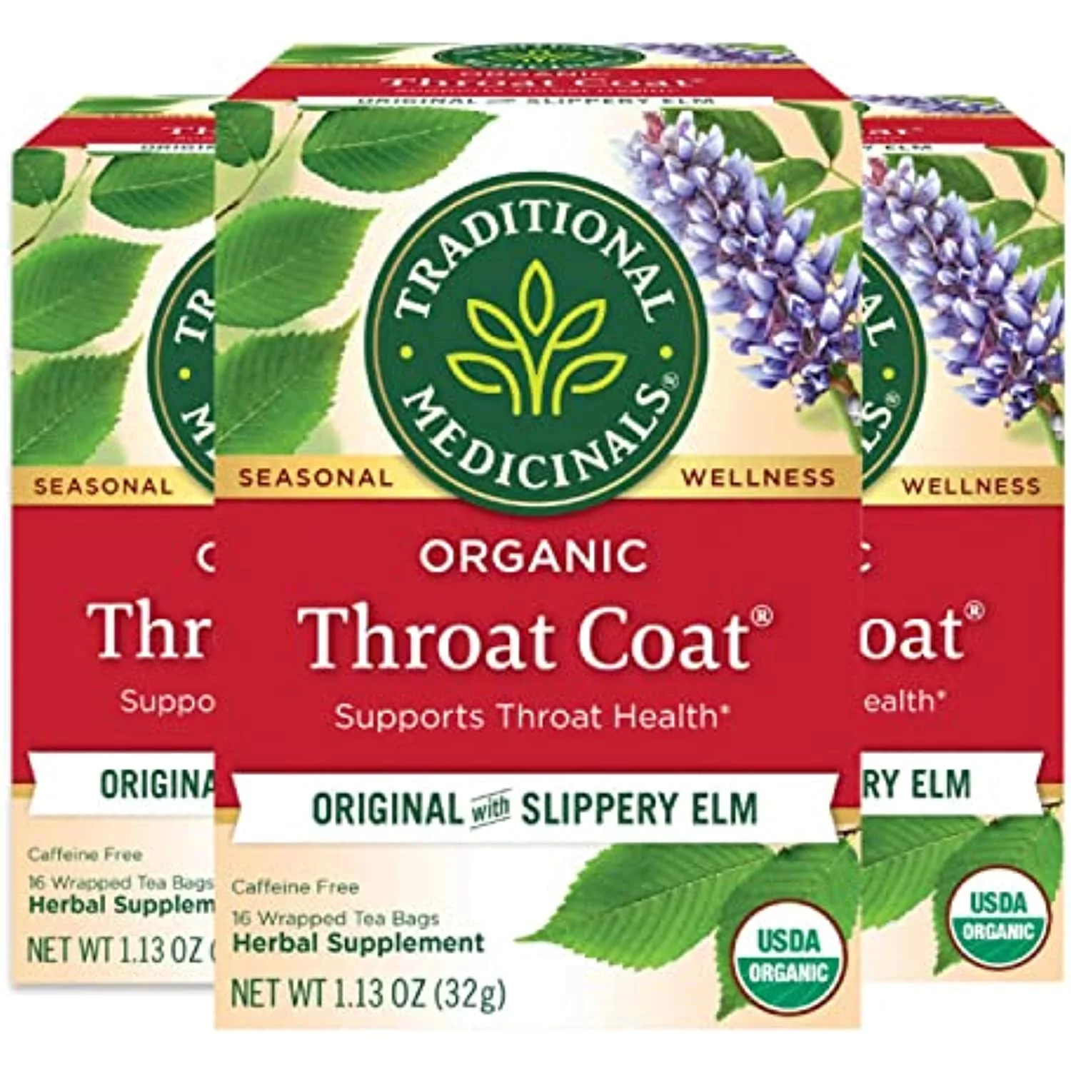 Traditional Medicinals Organic Throat Coat Herbal Tea, Supports Throat Health, (Pack Of 3) - 48 Tea Bags Total