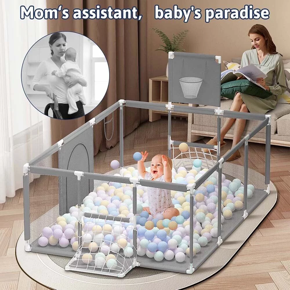 Zmoon Baby Playpen,71inch Extra Large Baby Playard with Basketball Hoop and Breathable Mesh,Children Kids Play Fence,Baby Play Pen, Infant Play Area(Grey)
