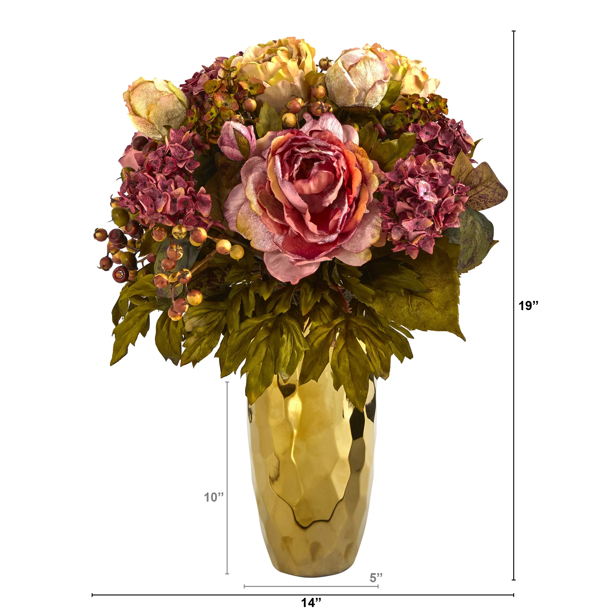 Nearly Natural 19in. Peony Artificial Arrangement in Gold Vase