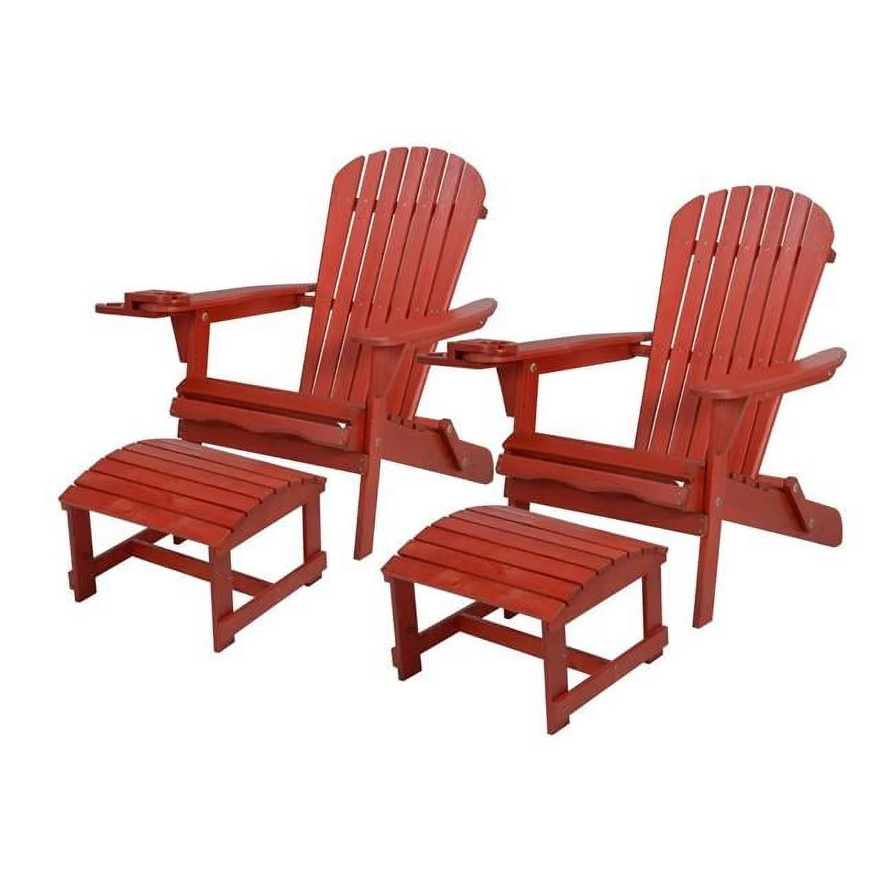 35 x 32 x 28 in. 2 Foldable Adirondack Chair with Cup Holder with Ottoman, Red