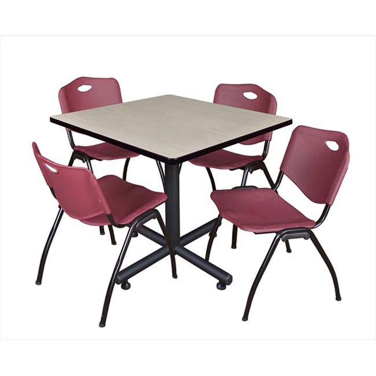 Regency  36 In. Square Laminate Table - Maple & Kobe Base With 4 M Stacker Chairs - Burgundy