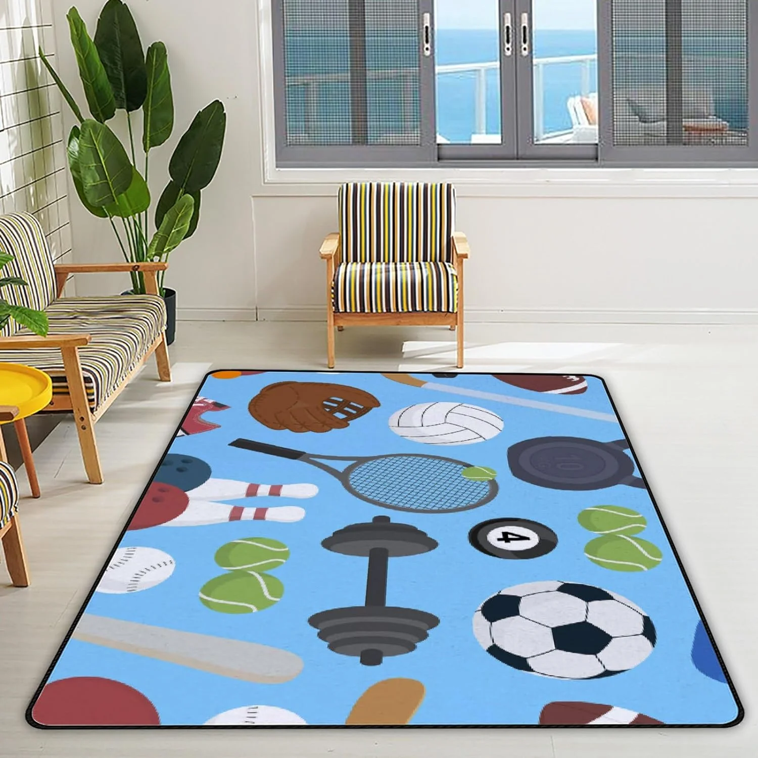 Bestwell Soft Foam Nursery Area Rugs Sports Equipment Blue Non Slip Play Mats for Kids Boys Girls Playing Room Living Room63x48 inch