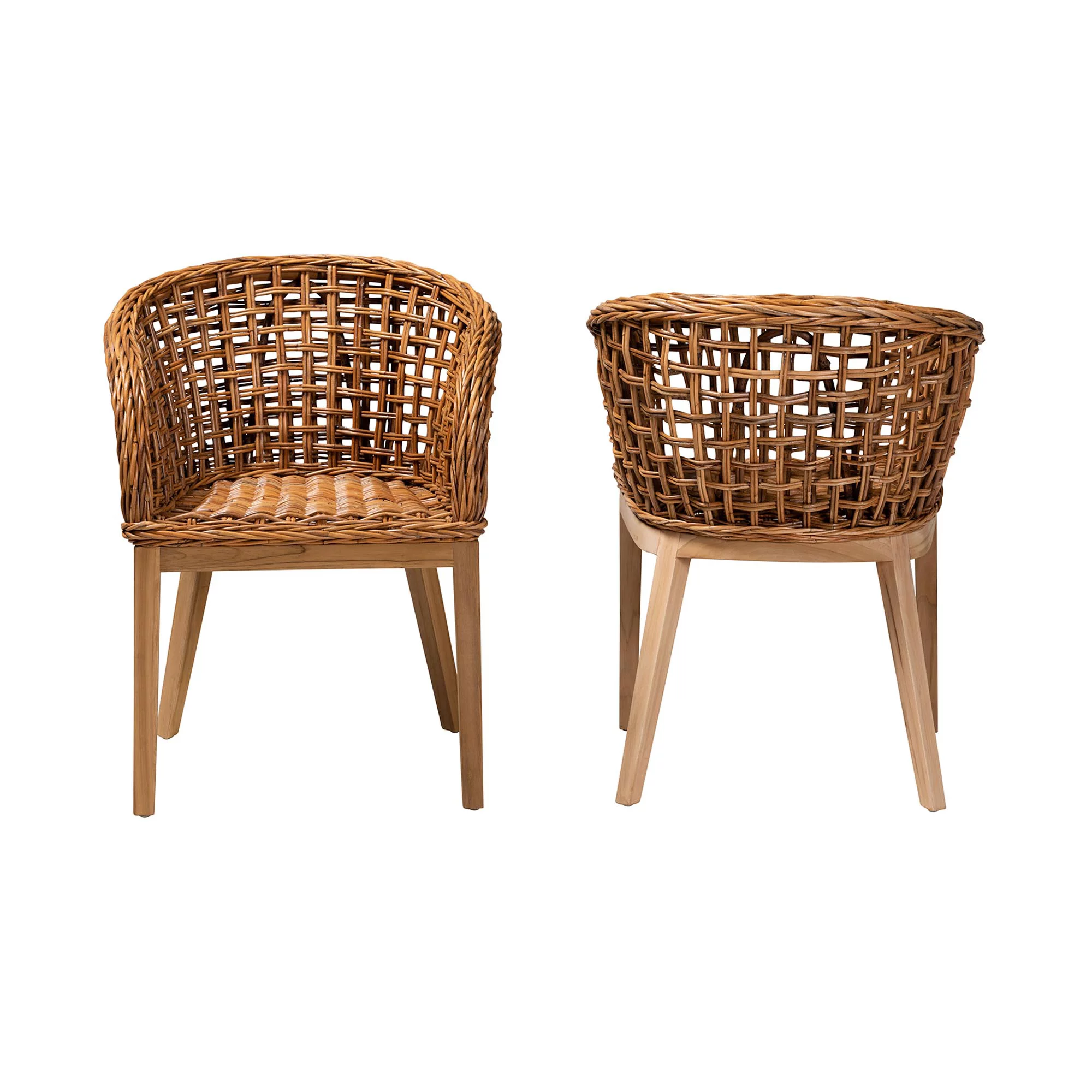 bali & pari Mario Modern BoHo Natural Brown Finished Teak Wood and Rattan 2-Piece Dining Chair Set