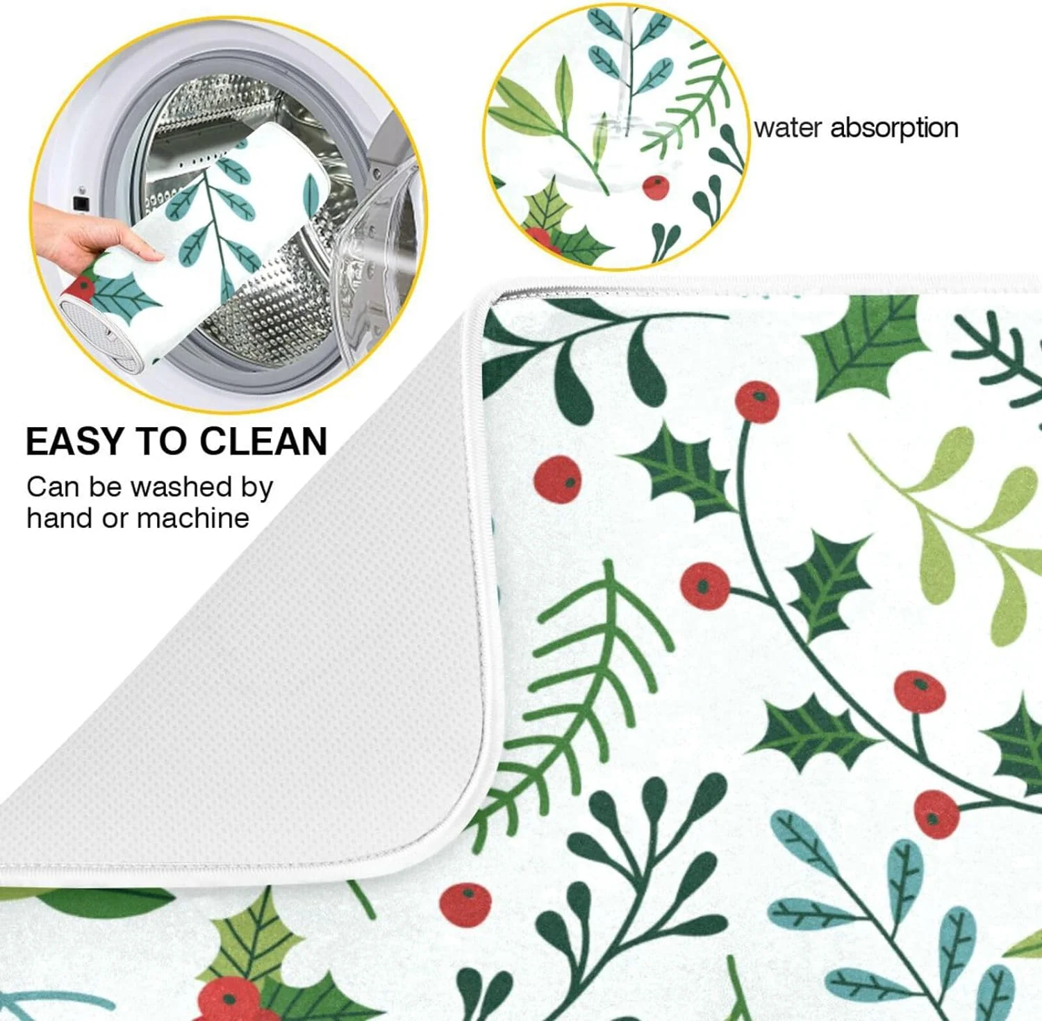 Coolnut Christmas Spruce Branches Dish Drying Mat Absorbent Heat Resistant Reversible Dish Draining Mat for Kitchen Countertops Sinks,24