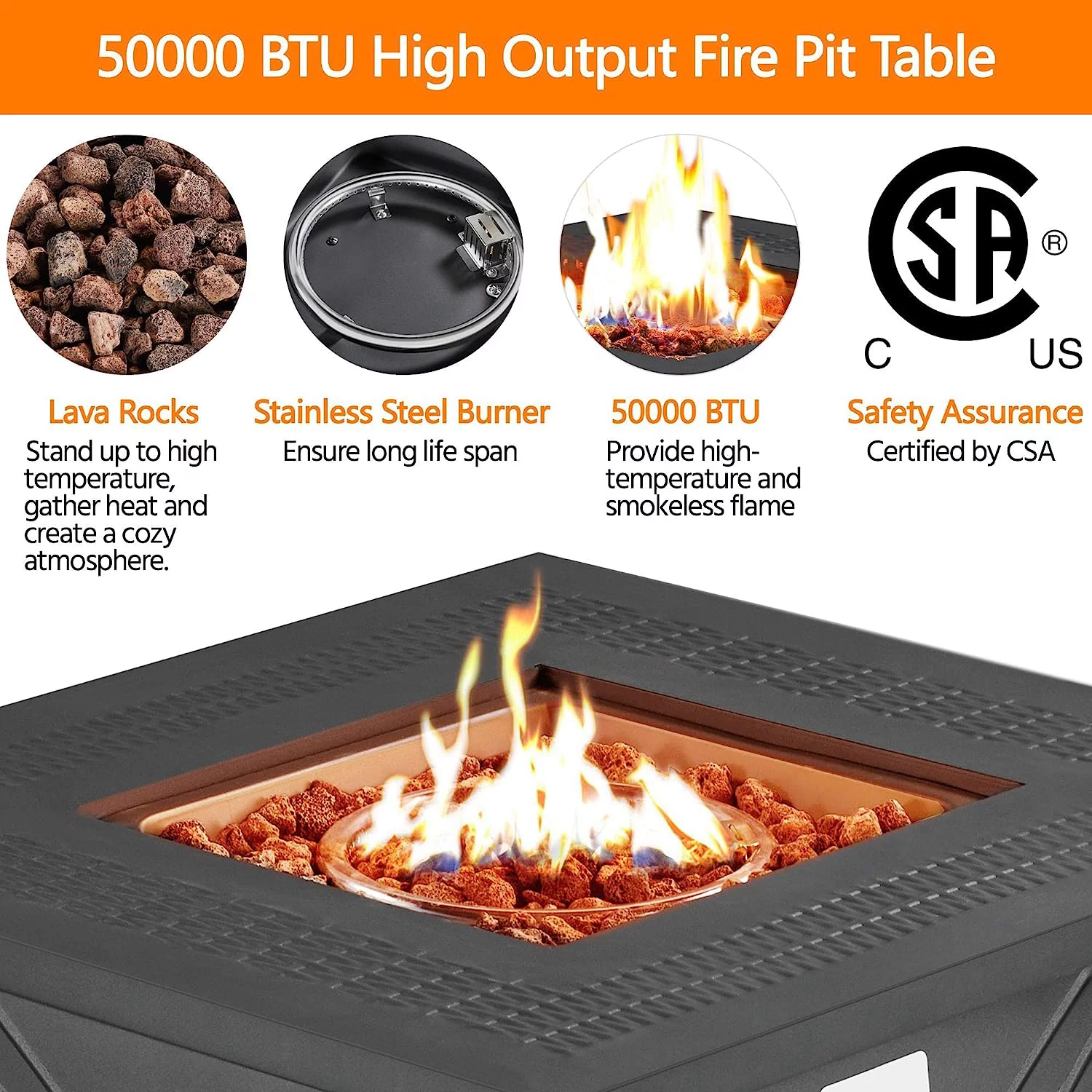 Propane Gas Fire Pit 28 Inch 50,000 Square Gas Firepits with Iron Tabletop for Patio/Garden/Party, 2 in 1 Fire Pit with Lava Rocks for Heating/Bonfire Atmosphere