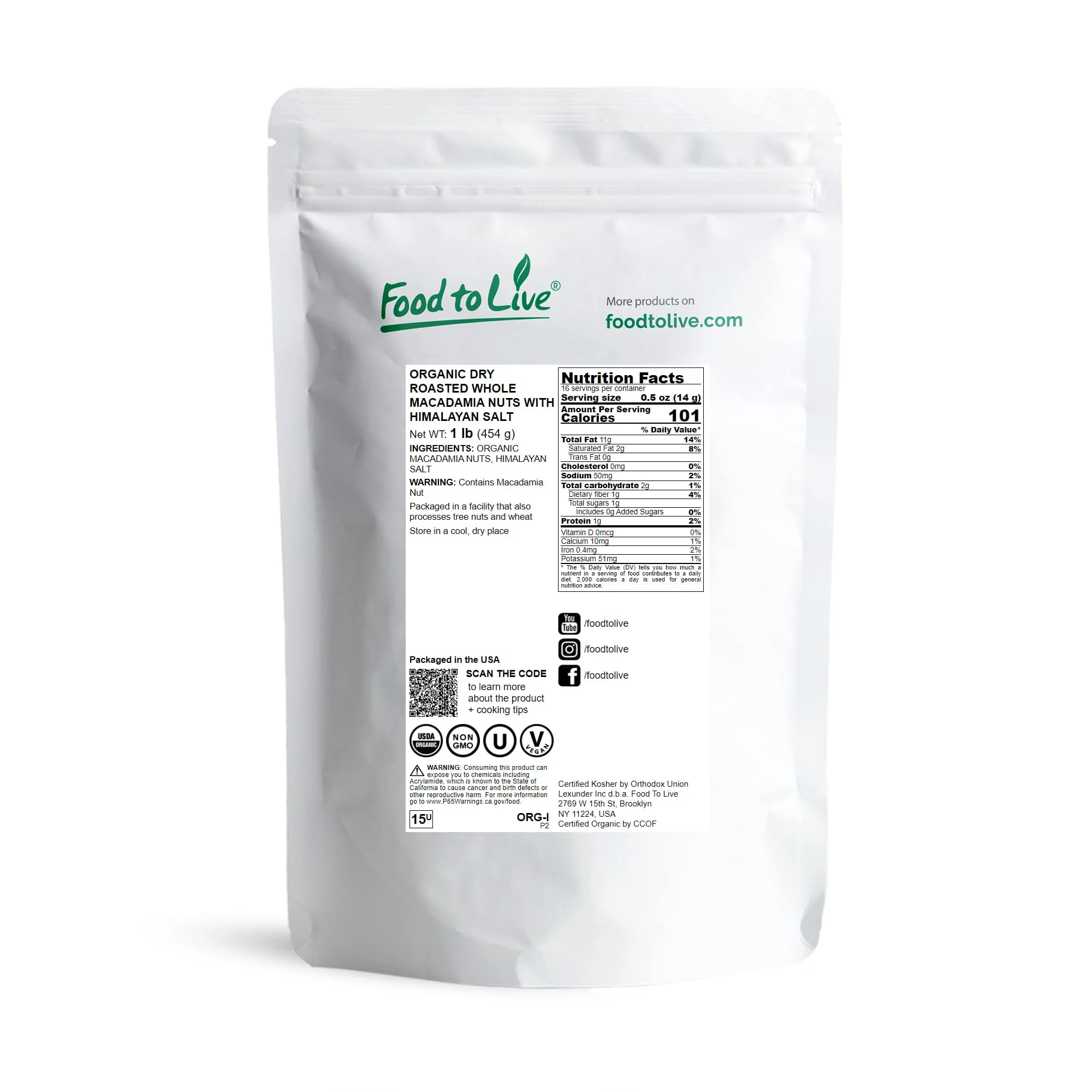 Organic Dry Roasted Whole Macadamia Nuts with Himalayan Salt, 1 Pound – Delicious and Nutritious Snack Made from Premium Non-GMO Nuts,