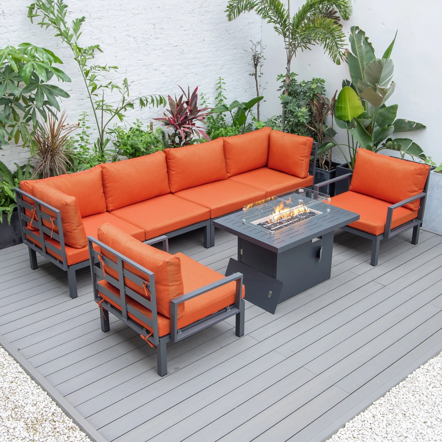 Maykoosh Victorian Vintage 7-Piece Aluminum Patio Conversation Set With Fire Pit Table And Cushions