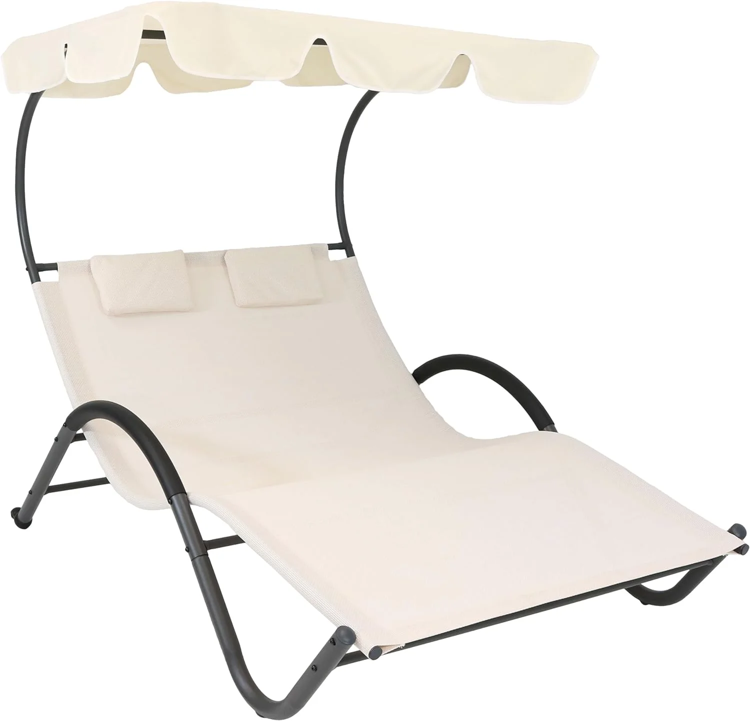 Outdoor Double Chaise Lounge with Canopy Shade and Headrest Pillows - Beige Fabric with Black Powder-Coated Frame
