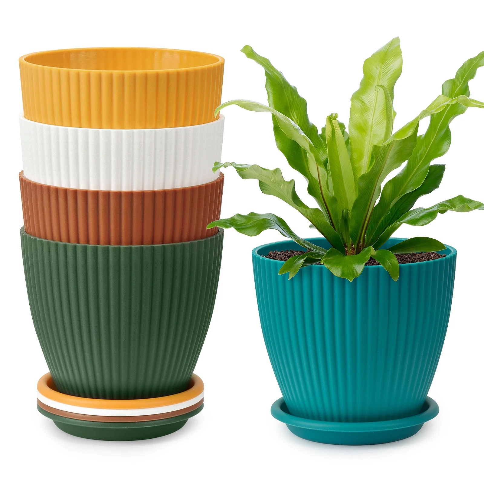 6-inch colorful striped plastic succulent planter with drain holes and dishes, set of 5 pots, various colors, garden decorations ( 5 Pack )