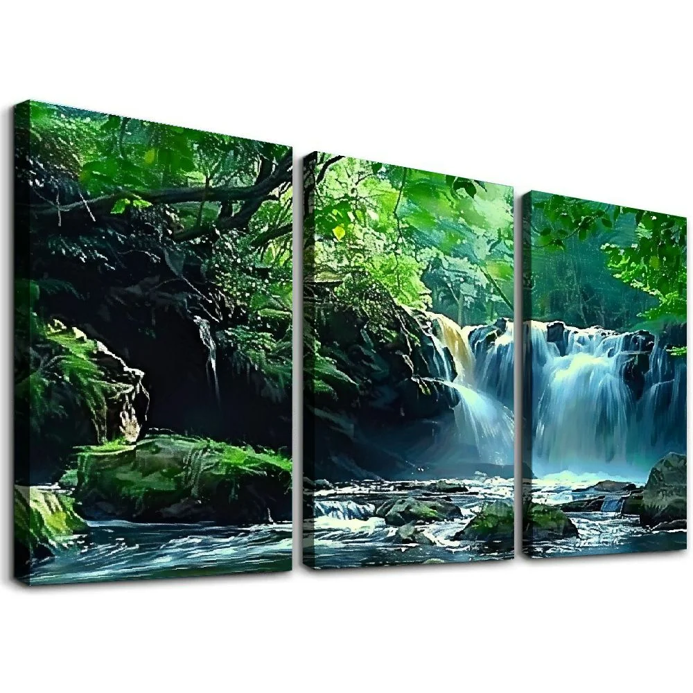Nawypu Green Forest Canvas Wall Art Waterfall Pictures Wall Decor Green Nature Landscape Canvas Painting Calming Nature Scene Canvas Print Artwork for Living Room Bedroom,3 Piece