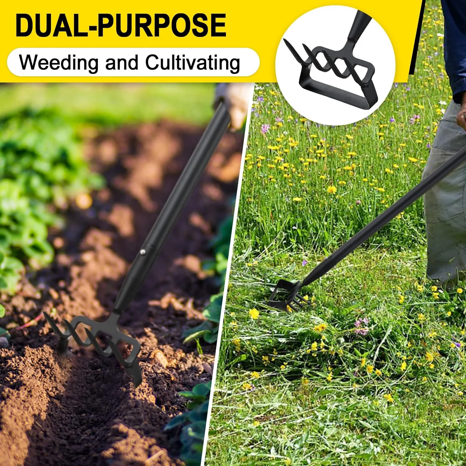 Hoe Garden Tool, Stirrup Hoe Cultivator for Weeding with 62Inch Adjustable Long Handle, Heavy Duty Garden Hula Scuffle Hoe and Rake Tiller 2-in-1 Gardening Tools for Digging, Loosening