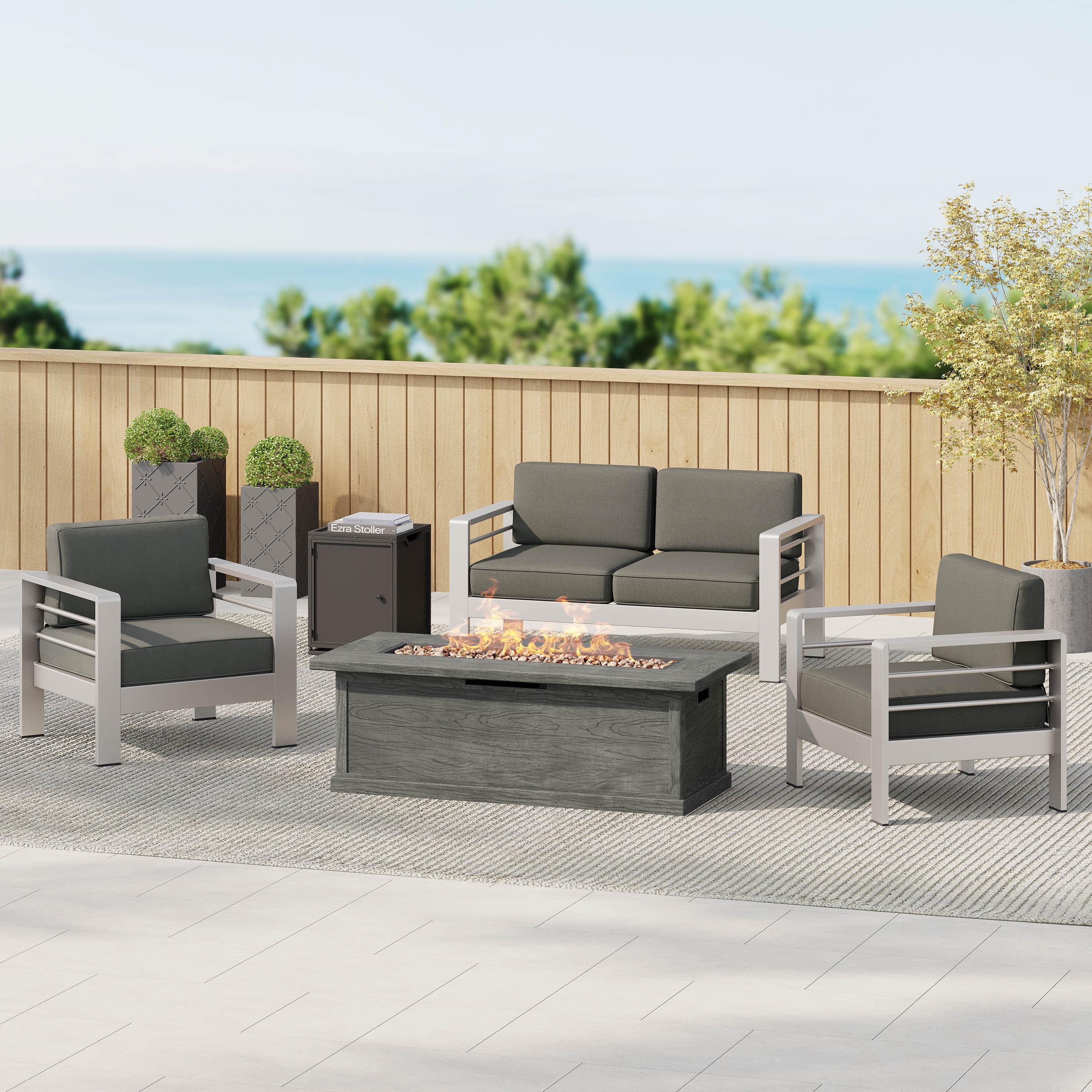 GDF Studio Crested Bay Outdoor Aluminum 4 Seater Chat Set with Fire Pit, Dark Gray, Gray, and Gray Wood