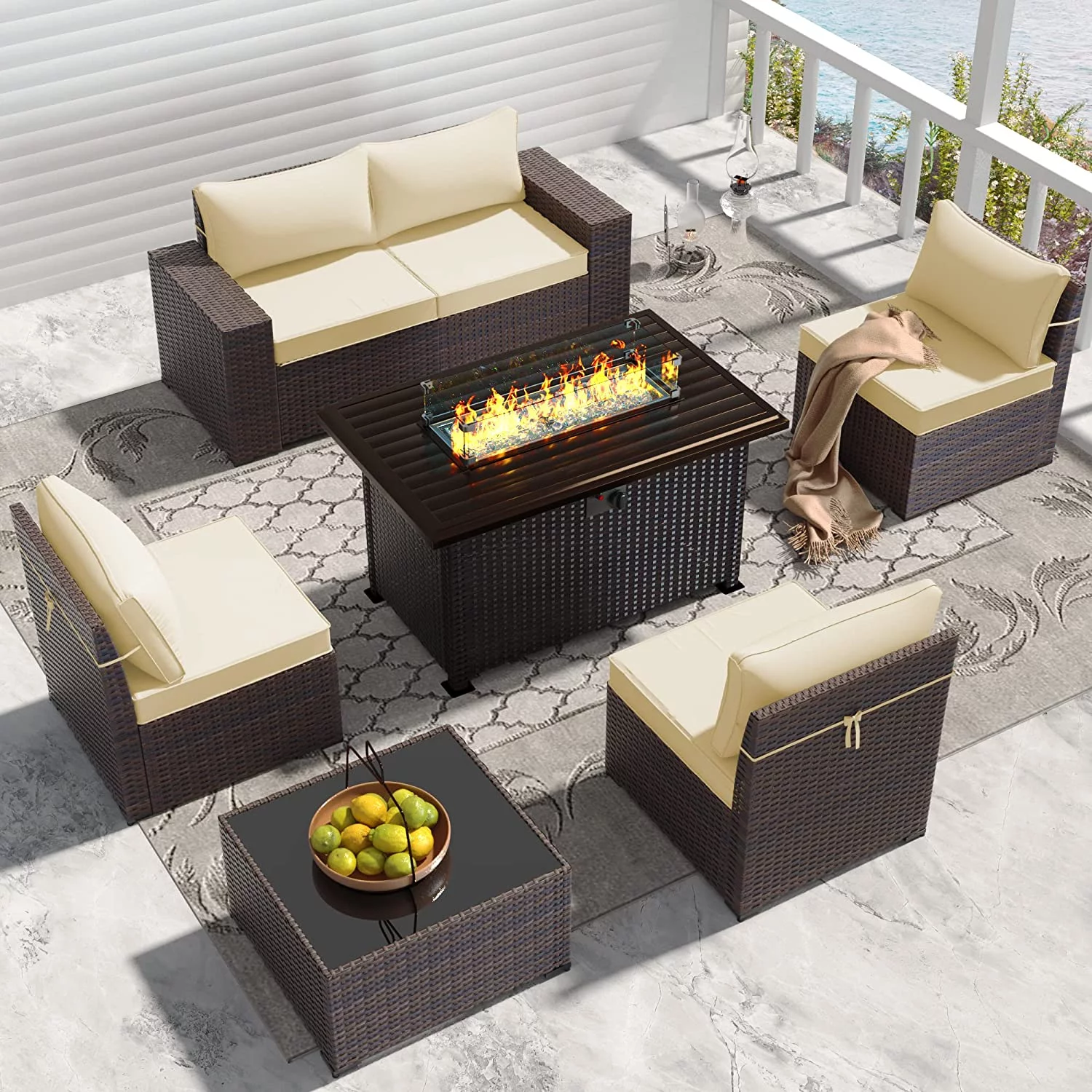 Outdoor Patio Furniture Set  12 Pieces Outdoor Furniture All Weather Patio Sectional Sofa PE Wicker Modular Conversation Sets with Coffee Table 10 Chairs & Seat Clips(Dark Blue)