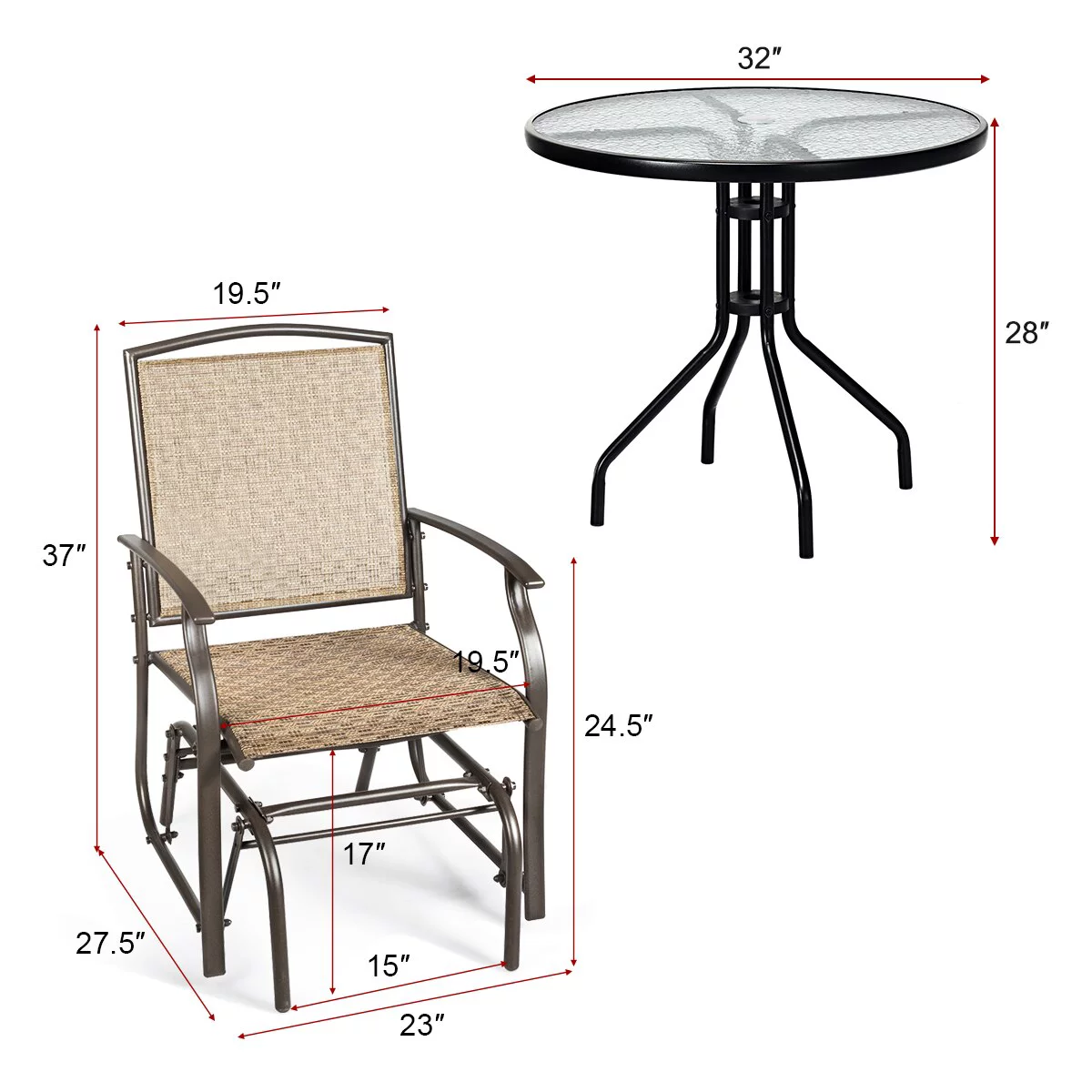 3PCS Patio Bistro Furniture Set Rocking Glider Chair Glass Table W/Umbrella Hole