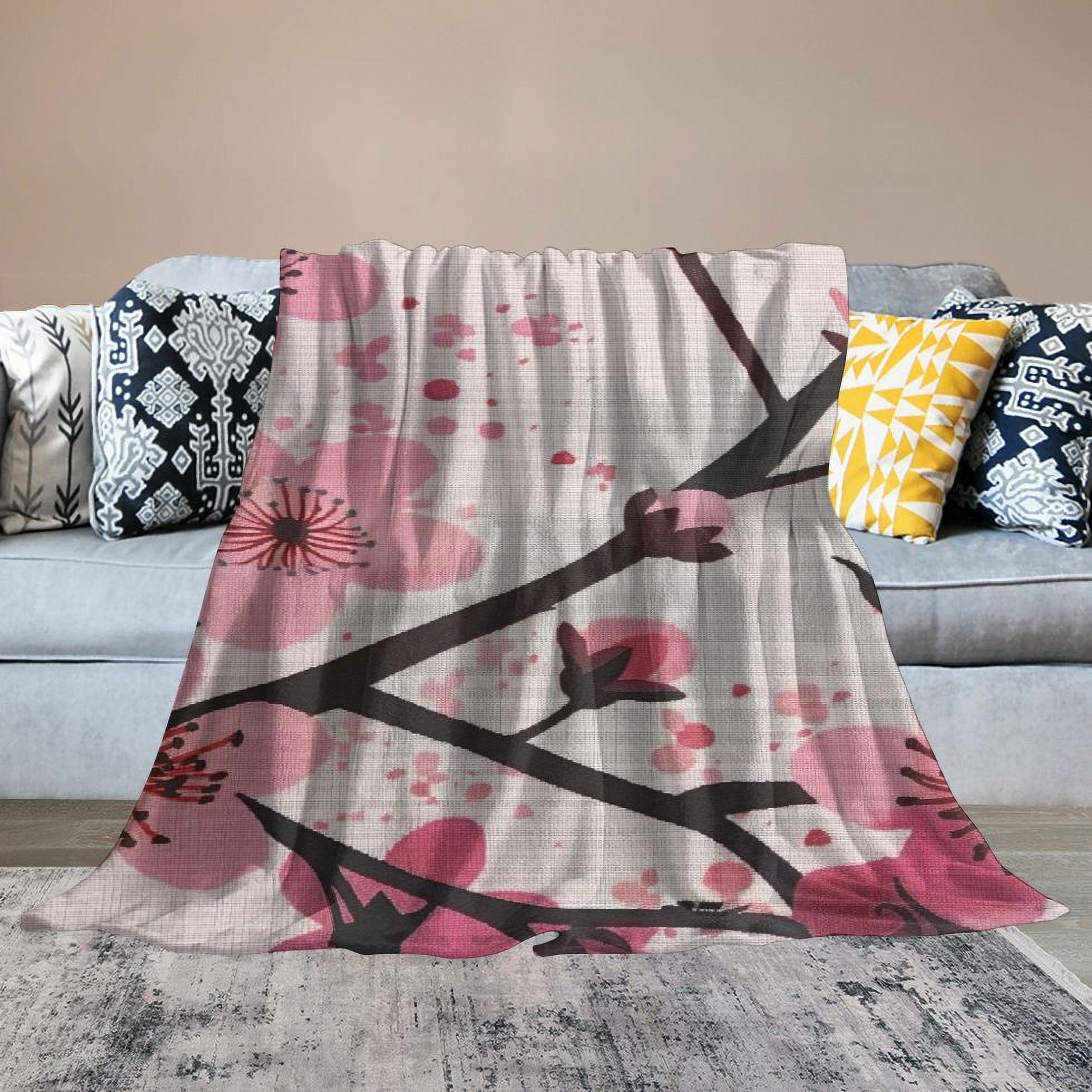 TIAOTIAOHOU Flannel Blanket Spring, Pink Chinese Cherry Blossom Flower Japan Plum White