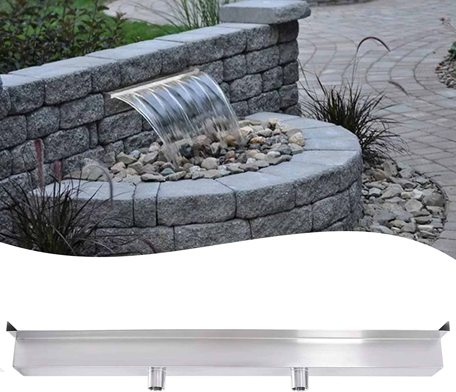 FETCOI Pool Waterfall, Stainless Steel Pool Waterfall Spillway with Wide Water Flow Platform, Sliver Pond Spillway