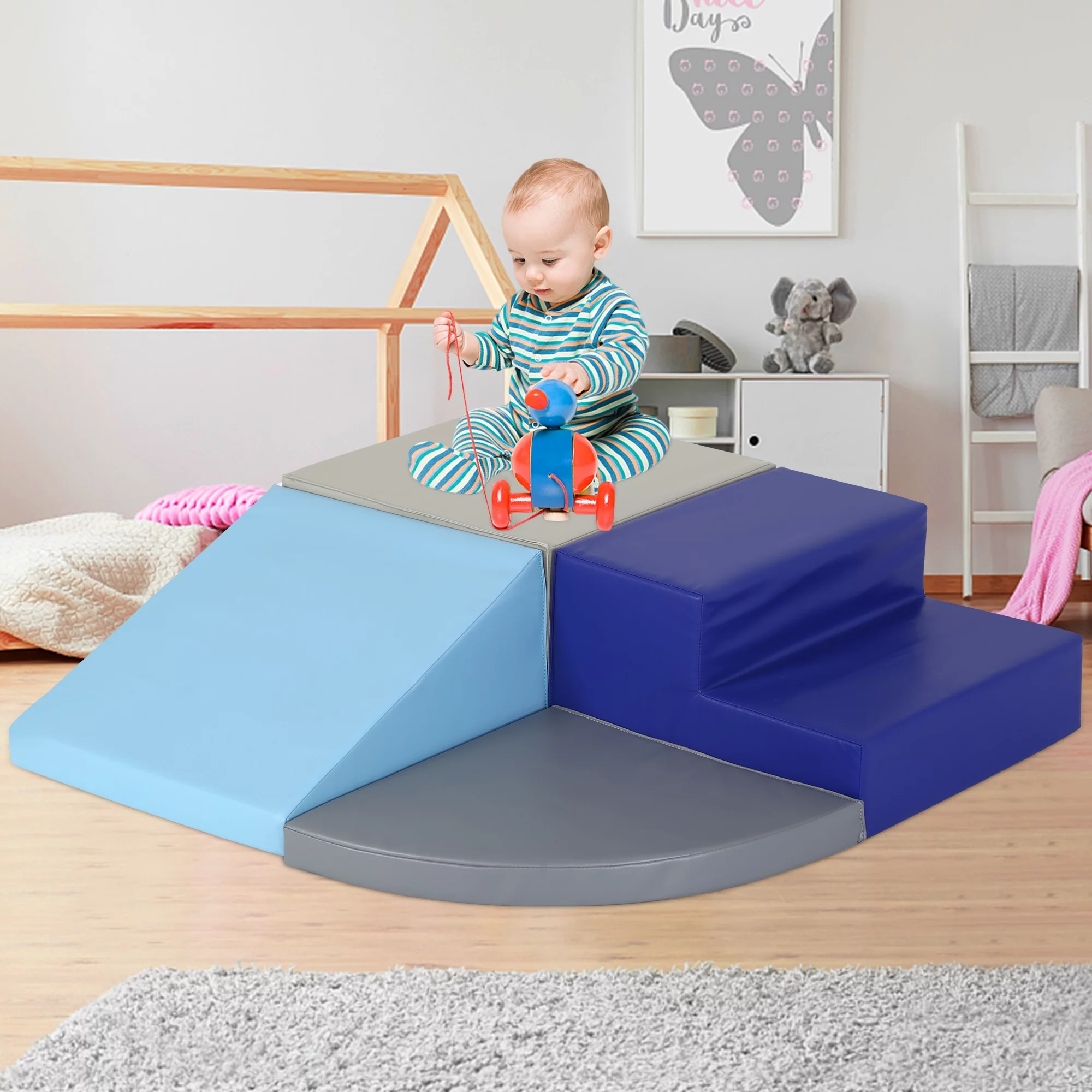 CL.HPAHKL 4-Piece Set Climbing Toys for Toddlers 1-3 Inside, Soft Baby Foam Climbing Blocks Play Set Indoor Baby Crawling Foam Blocks Children Foam Toys for Crawling Climbing and Sliding, Blue