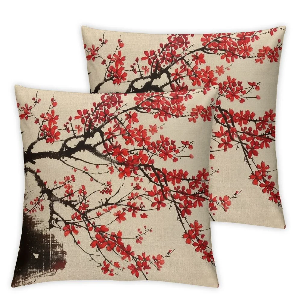 Awypu Ink Oil Traditional Chinese Painting Throw Pillow Covers Red Plum Flowers Decorative Cherry Blossom Floral Cushion Case Sofa Cushion Cover Lumbar,2 Pcs (Red Plum) White