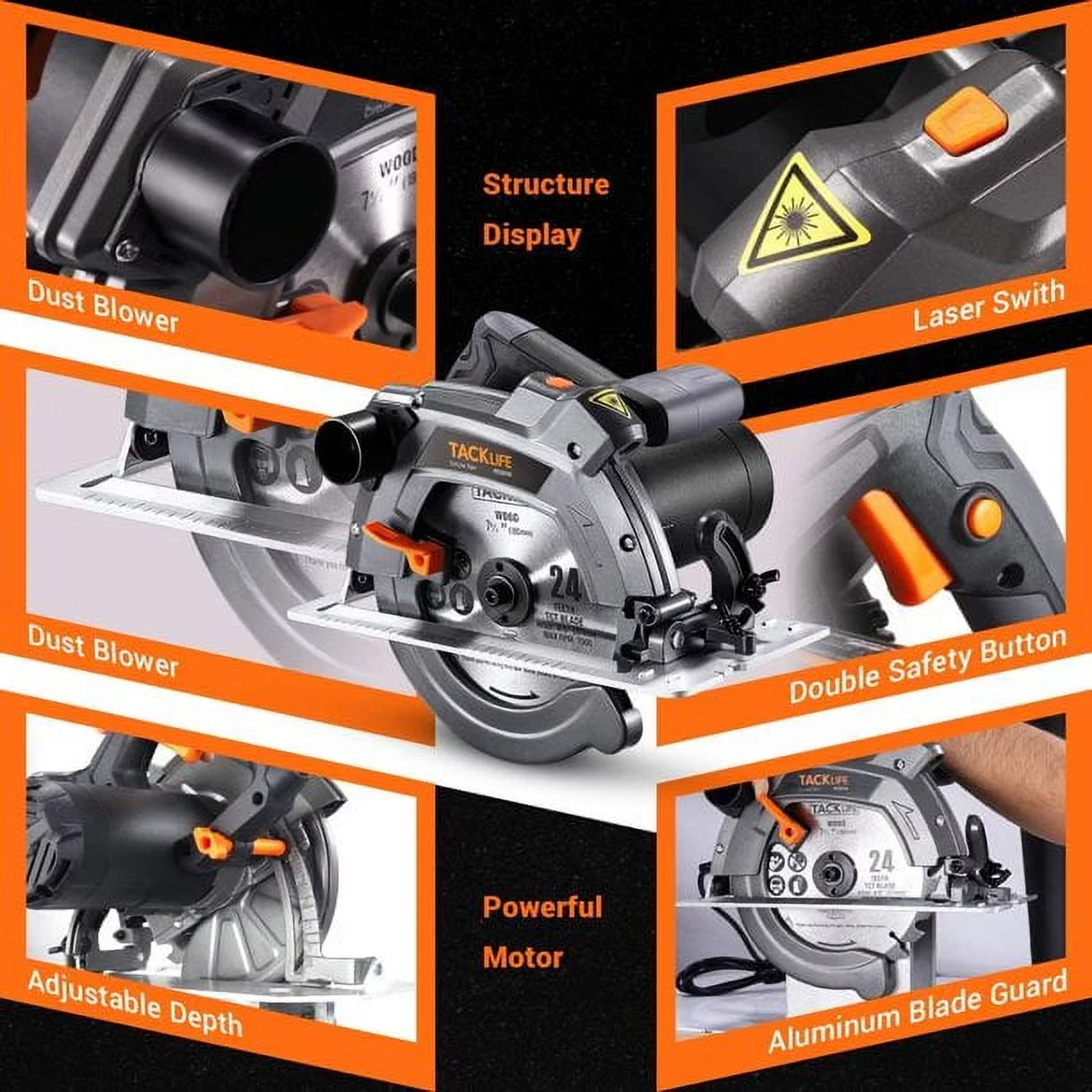 TACKLIFE 1500W 12.5-Amp 5000 RPM Electric Circular Saw with Vacuum Adapter, Laser Guide - PES03A