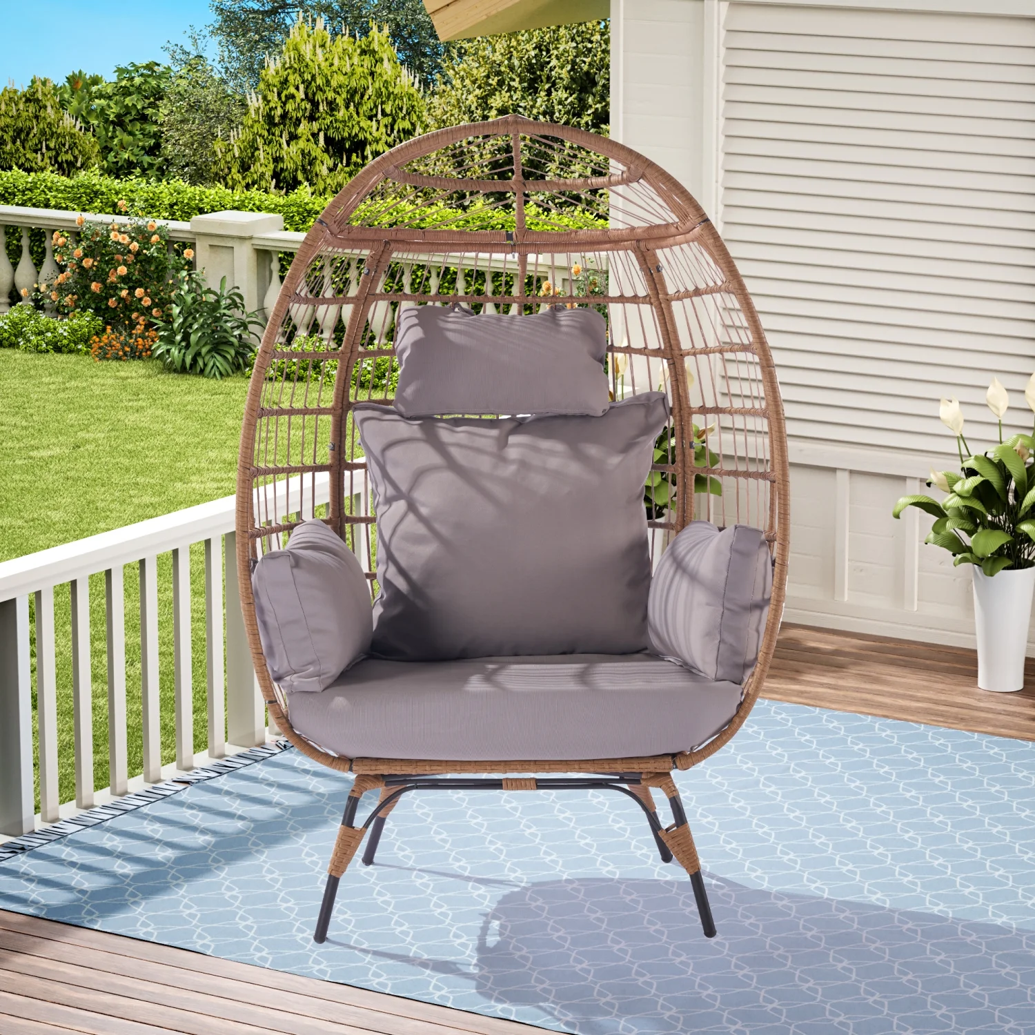 TQJKLFDY Wicker Egg Chair  Oversized Indoor Outdoor Lounger for Patio  Backyard  Living Room w/ 5 Cushions  Steel Frame  - Light Blue