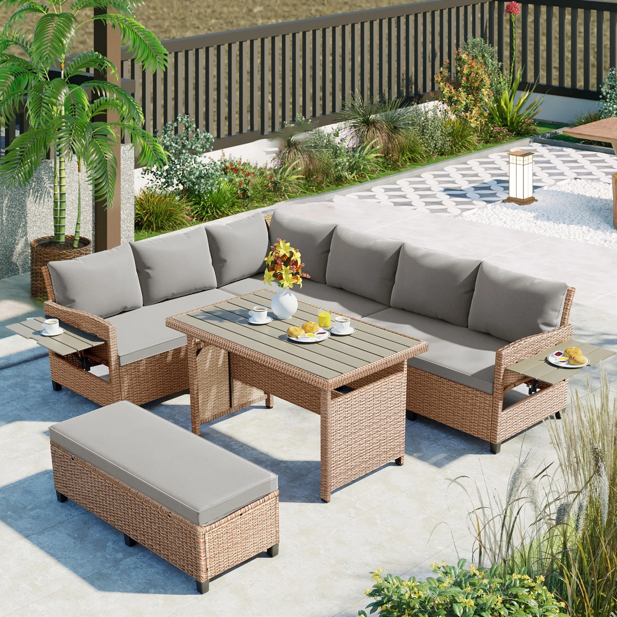 5-Piece Outdoor Patio Rattan Sofa Set with Extendable Side Tables and Dining Table for Backyard, Poolside, or Indoor Use - Elegant Brown Finish
