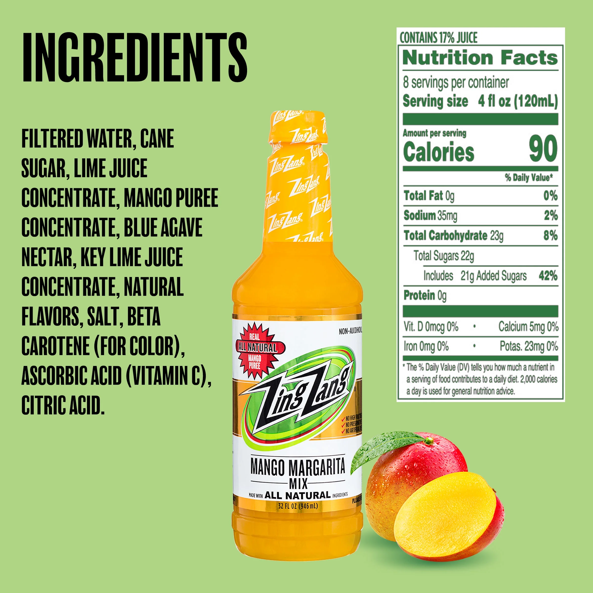 Zing Zang Mango Margarita Mix, Non-Alcoholic Cocktail Mixer, 32 Fl Oz Bottle