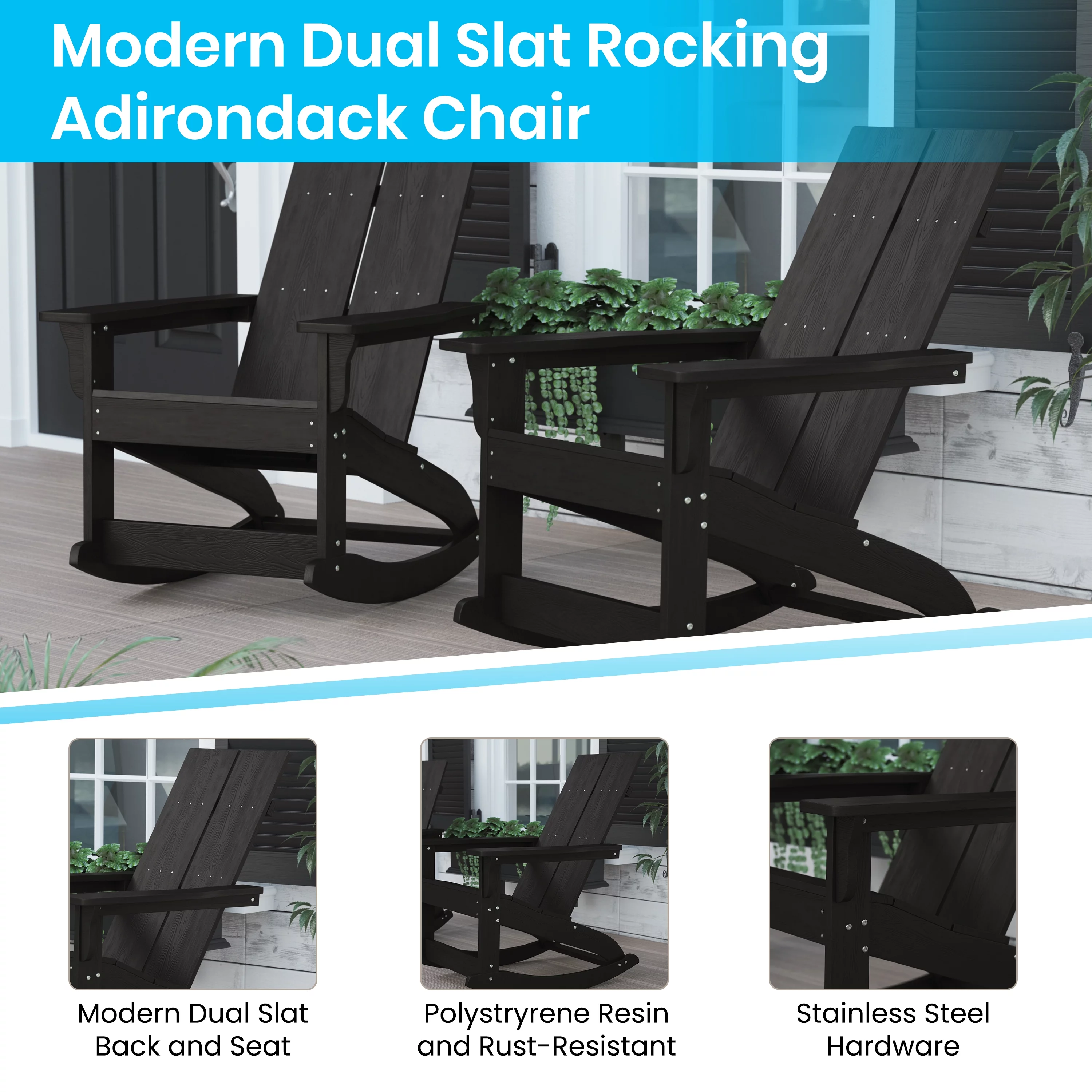 Merrick Lane 5 Piece Patio Furniture Set Includes Black All-Weather UV Treated Adirondack Rocking Chairs and Side Table