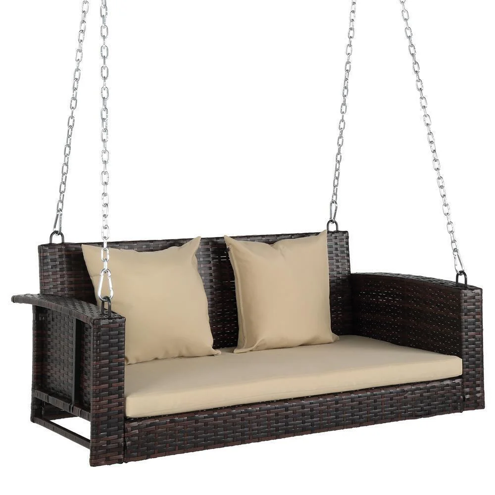 2 Colors 2-Person Patio Rattan Hanging Porch Swing Bench Chair Cushion w/Chains