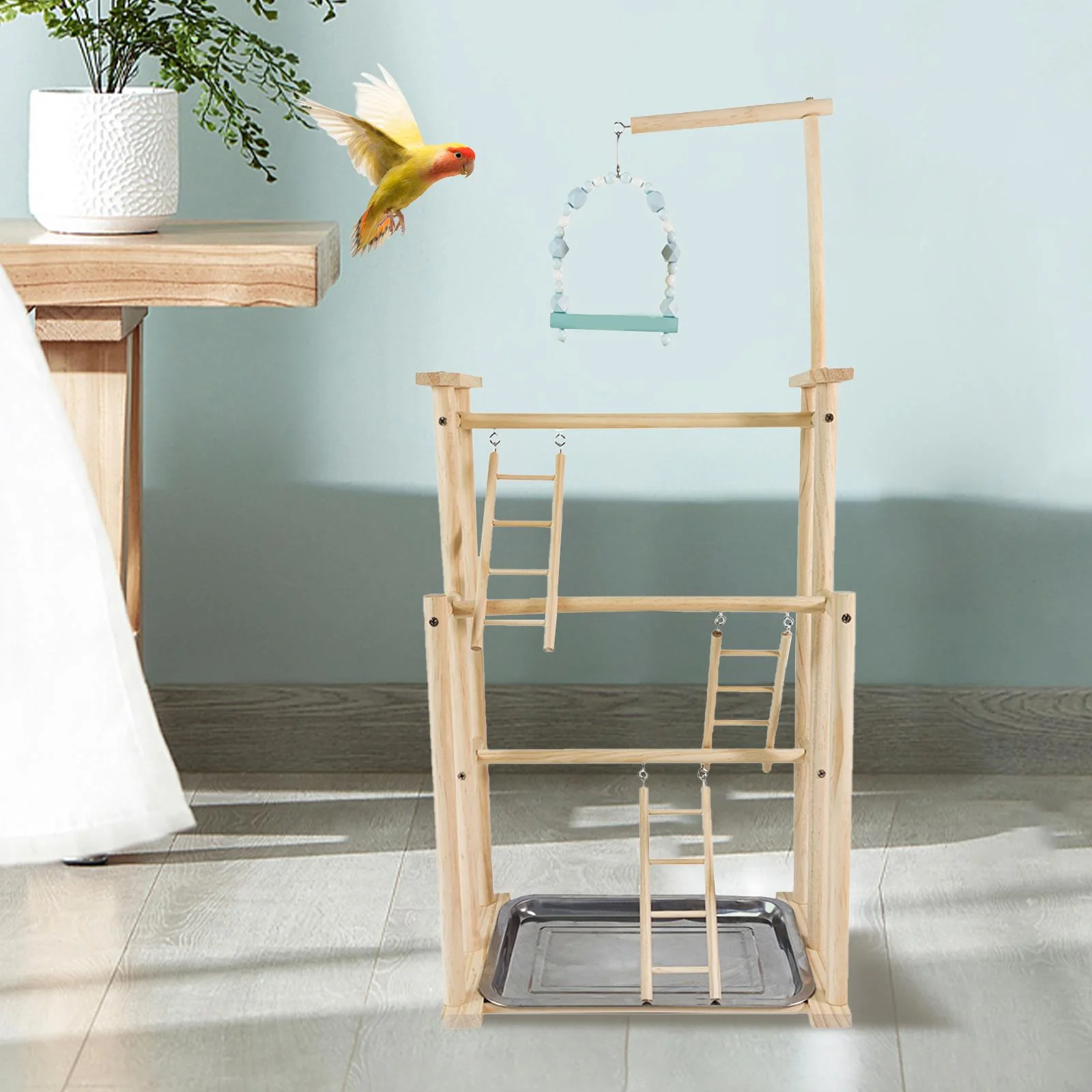 TOOYFUL Parrot Playstand Parrot Bird Playground Exercise Activity Center Durable Wood Perch Gym Playpen Bird Gym for Lovebird, Parakeet Finch