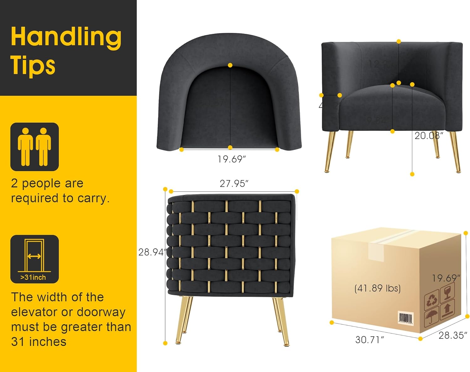 Modern Velvet Barrel Accent Chair, Comfy Wide Handmade Woven Bucket Arm Chair, Fluffy Tufted Upholstered Single Sofa Chair for Living Room, Bedroom, Office, Waiting Room(Black)