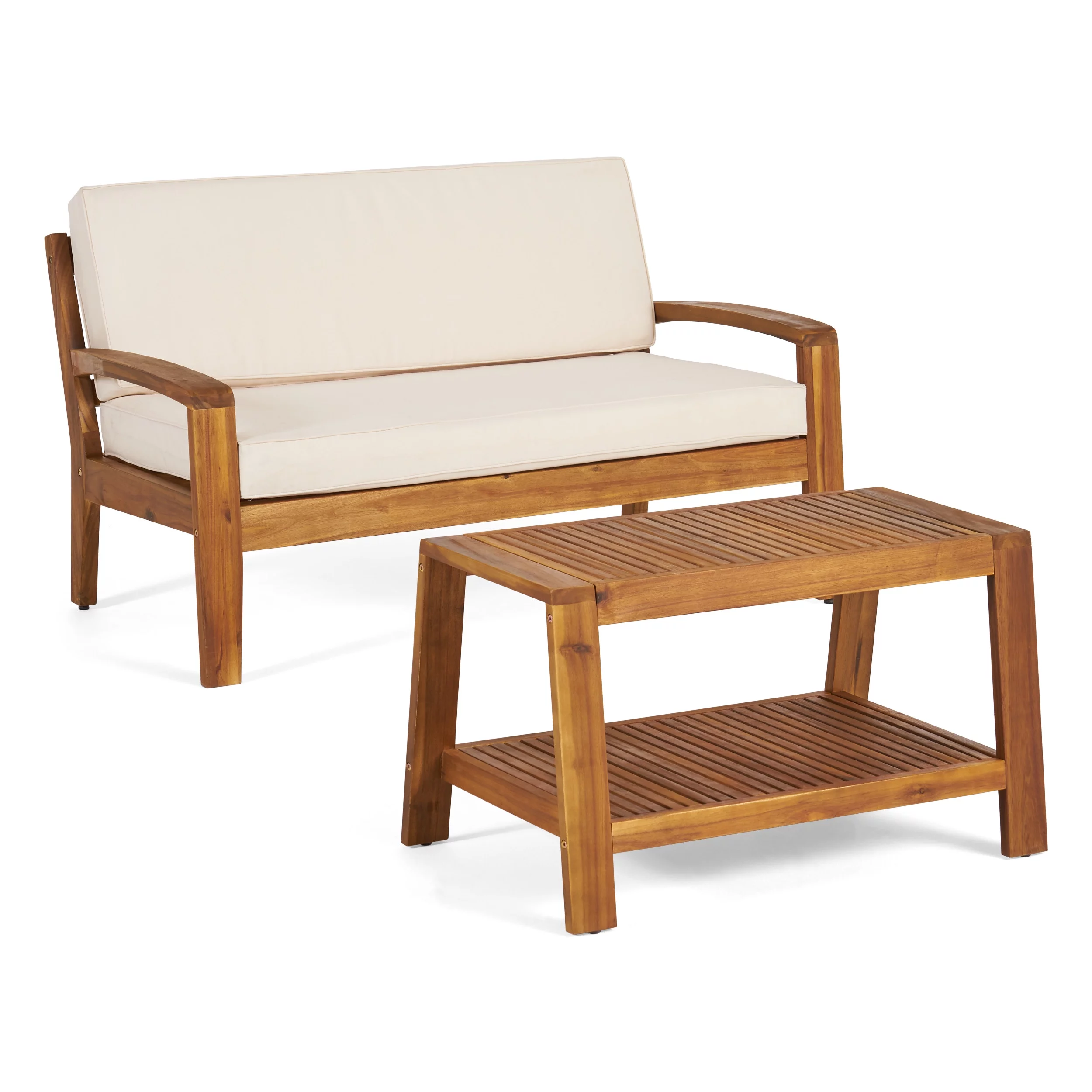 Christian Outdoor Acacia Wood Patio Conversation Set with Cushions, Teak Finish and Beige