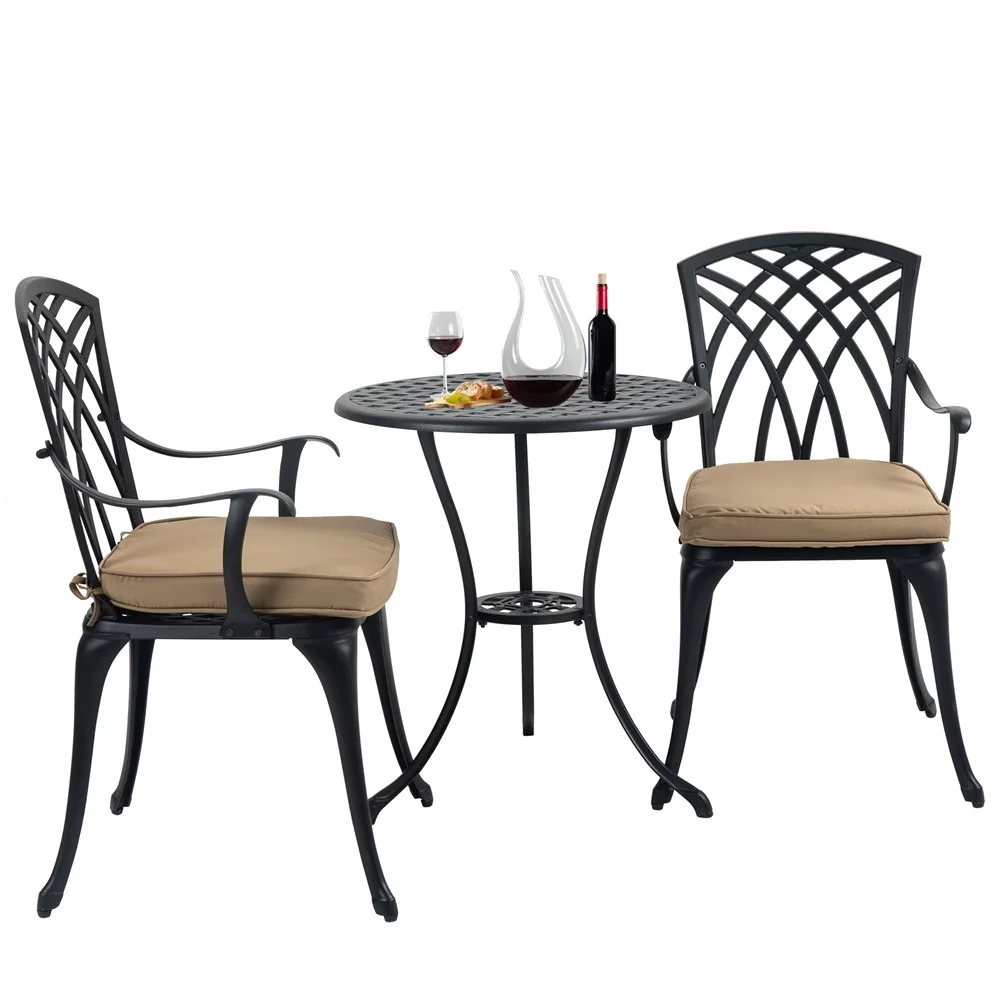 Ecarpat 3-Piece Patio Bistro Set, Aluminum Outdoor Patio Furniture with Umbrella Hole and Cushions, Table and Chairs Set for Park Backyard Front Porch, Black