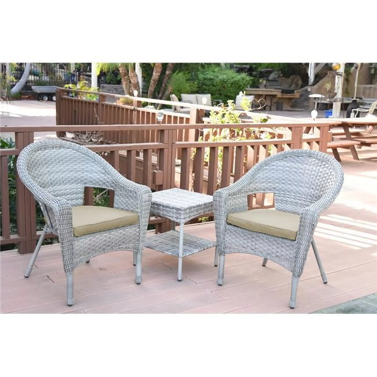 Jeco W00402G-2-CES006 2 in. Grey Resin Wicker Clark Single Chair with Tan Cushion & End Table - Set of 3