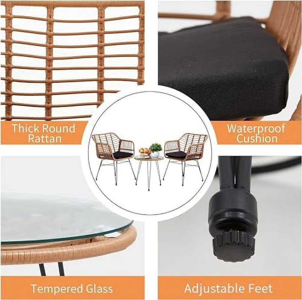 ASDRFYU 3 Pieces Wicker Patio Bistro  Set  Includes 2 Chairs and Glass Top Table  Ideal for Porch  Outdoor  Backyard  Apartment  Balcony Black Color